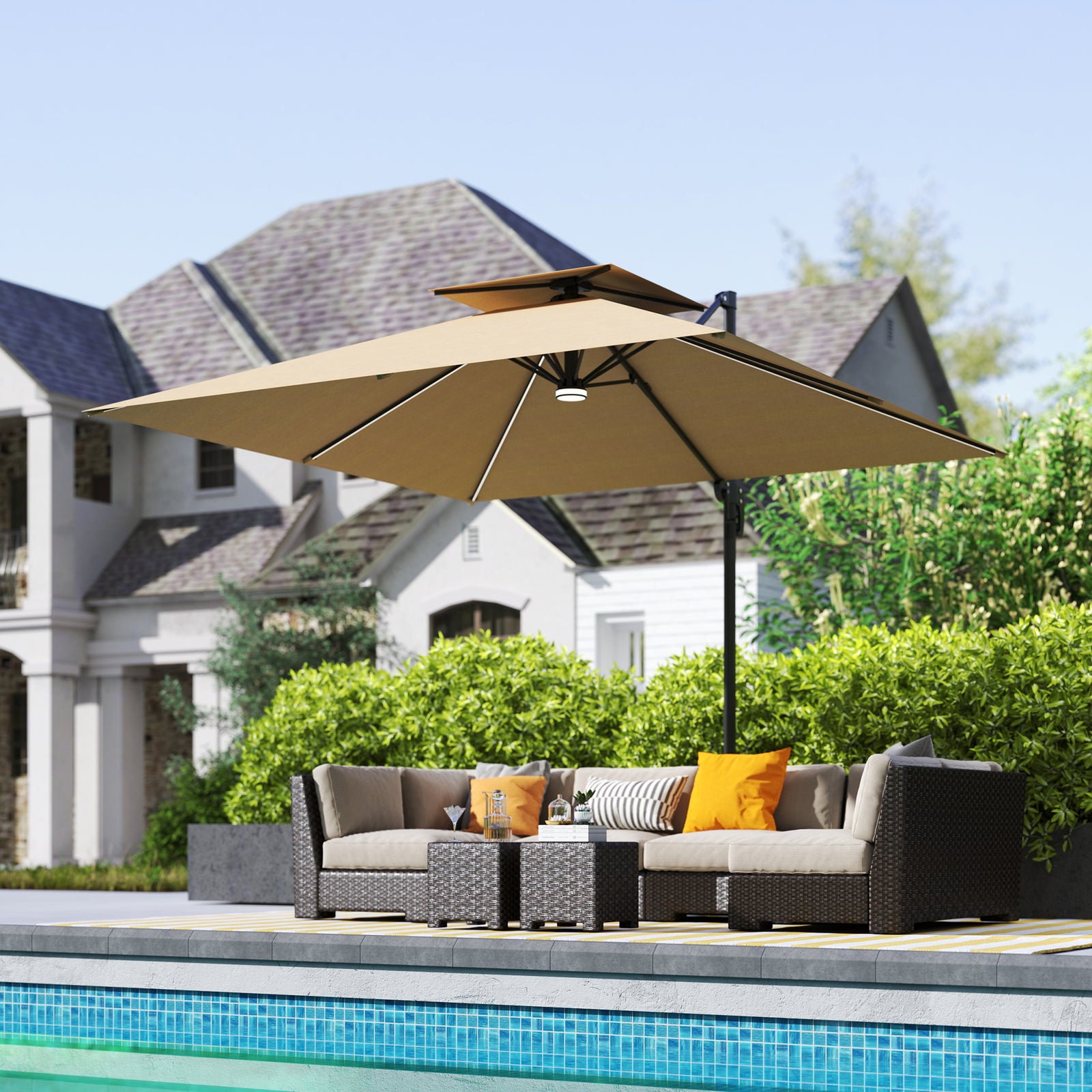 2.5m Cantilever Parasol, Solar Led Lights, Double Top | Khaki
