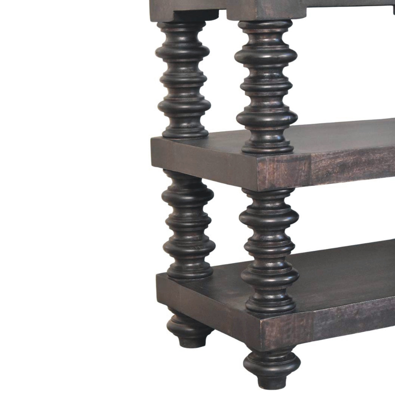 Spindle Shelf Console In Carbon Ash, 2 Open Shelf, Black Brown