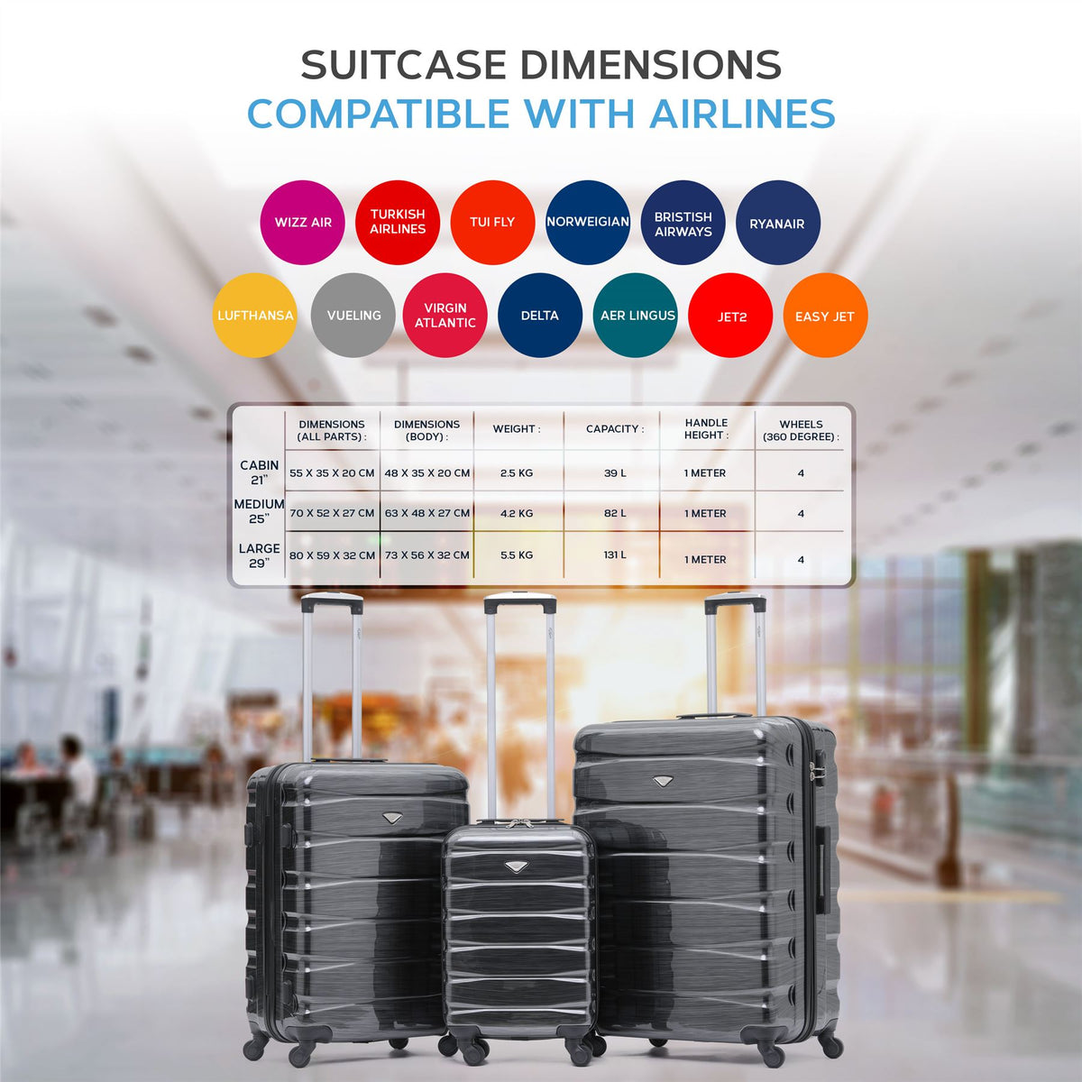Set Of 3 Hard Shell Suitcase Cabin & Check In Cases With Tsa Lock - Overhead Cabin With Medium & Large Check-in Bag | Set of 3 | Dark Grey