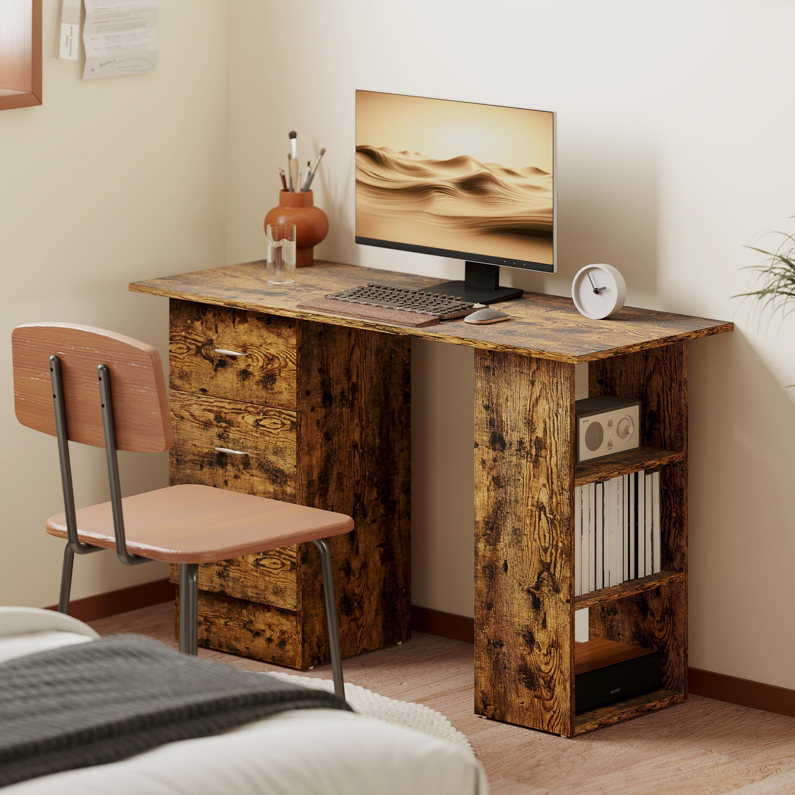 120cm Computer Desk, Study Table With 3 Shelf & Drawers | Brown