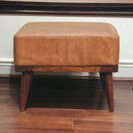 Solid Mango Wood Tan Buffalo Leather Tan Footstool