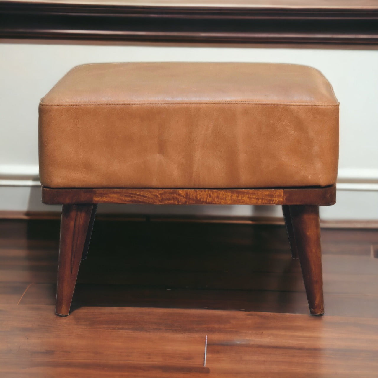 Solid Mango Wood Tan Buffalo Leather Tan Footstool