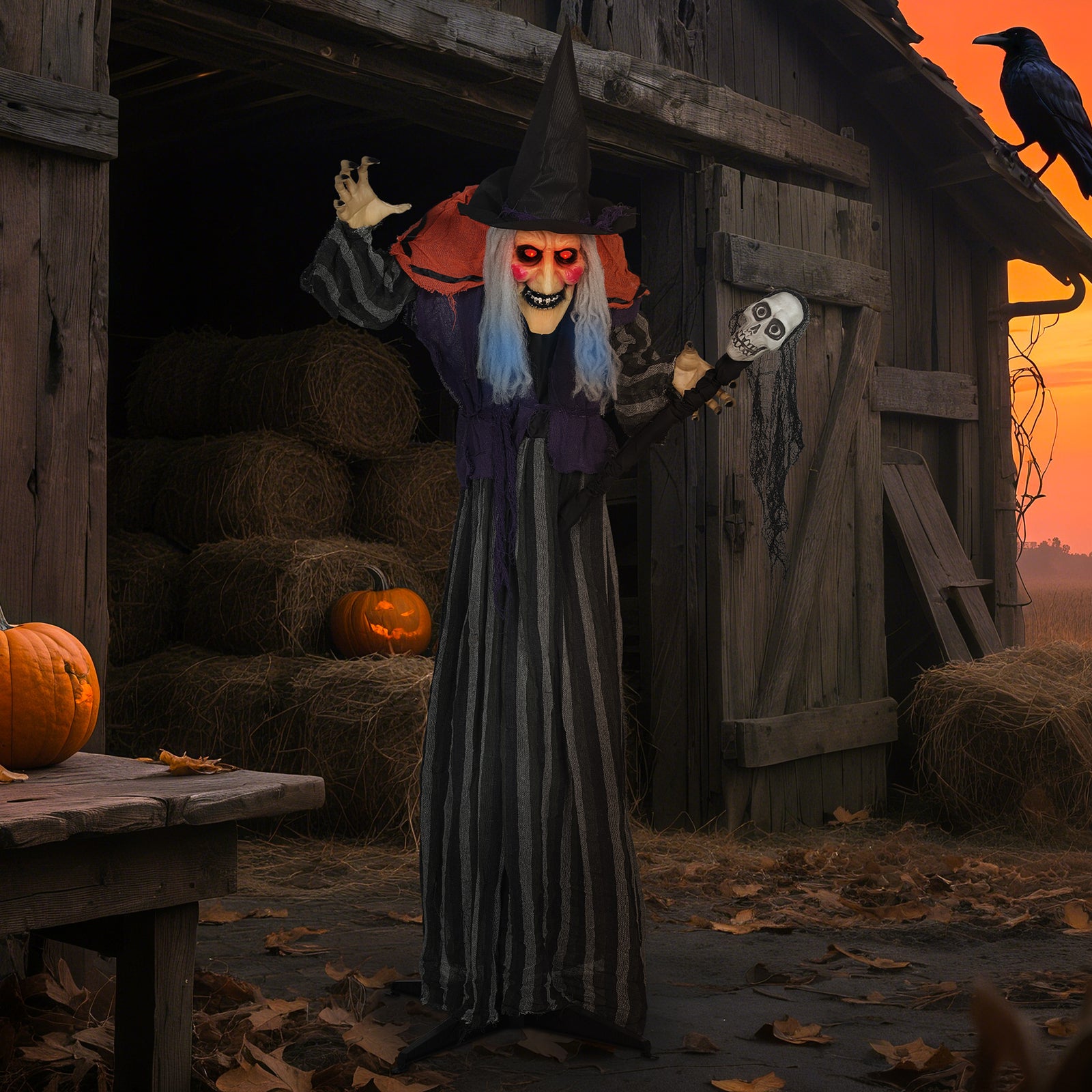 Voice Activated Halloween Animatronics Standing Witch & Skull Staff