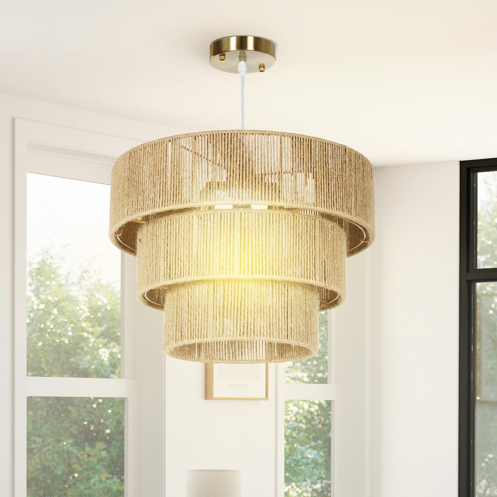 Boho Hemp Rope Pendant Light, Ceiling Light For Bedroom