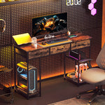 Computer Writing Desk With Power Outlets, Drawers, Shelves | Brown