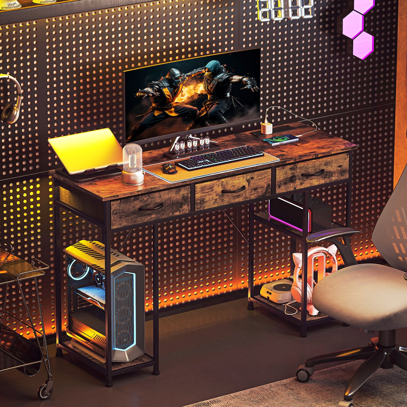 Computer Writing Desk With Power Outlets, Drawers, Shelves | Brown