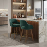 Set Of 2 Swivel Chenille Upholstered Bar Stools With Wooden Legs | Green