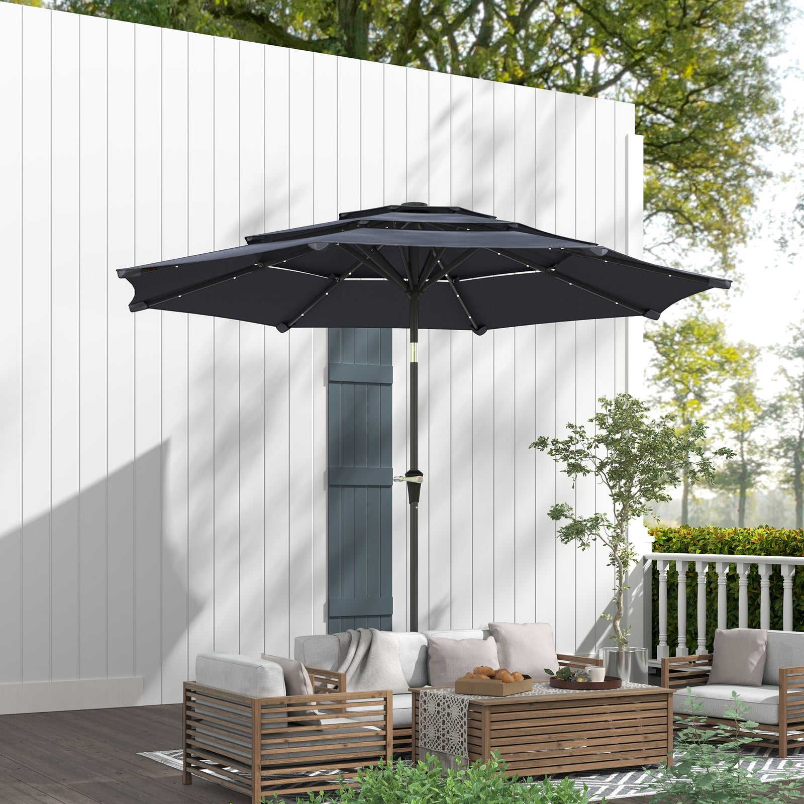 3-tier Garden Parasol W/ Solar Led Lights, Tilt, Crank | Dark Gray