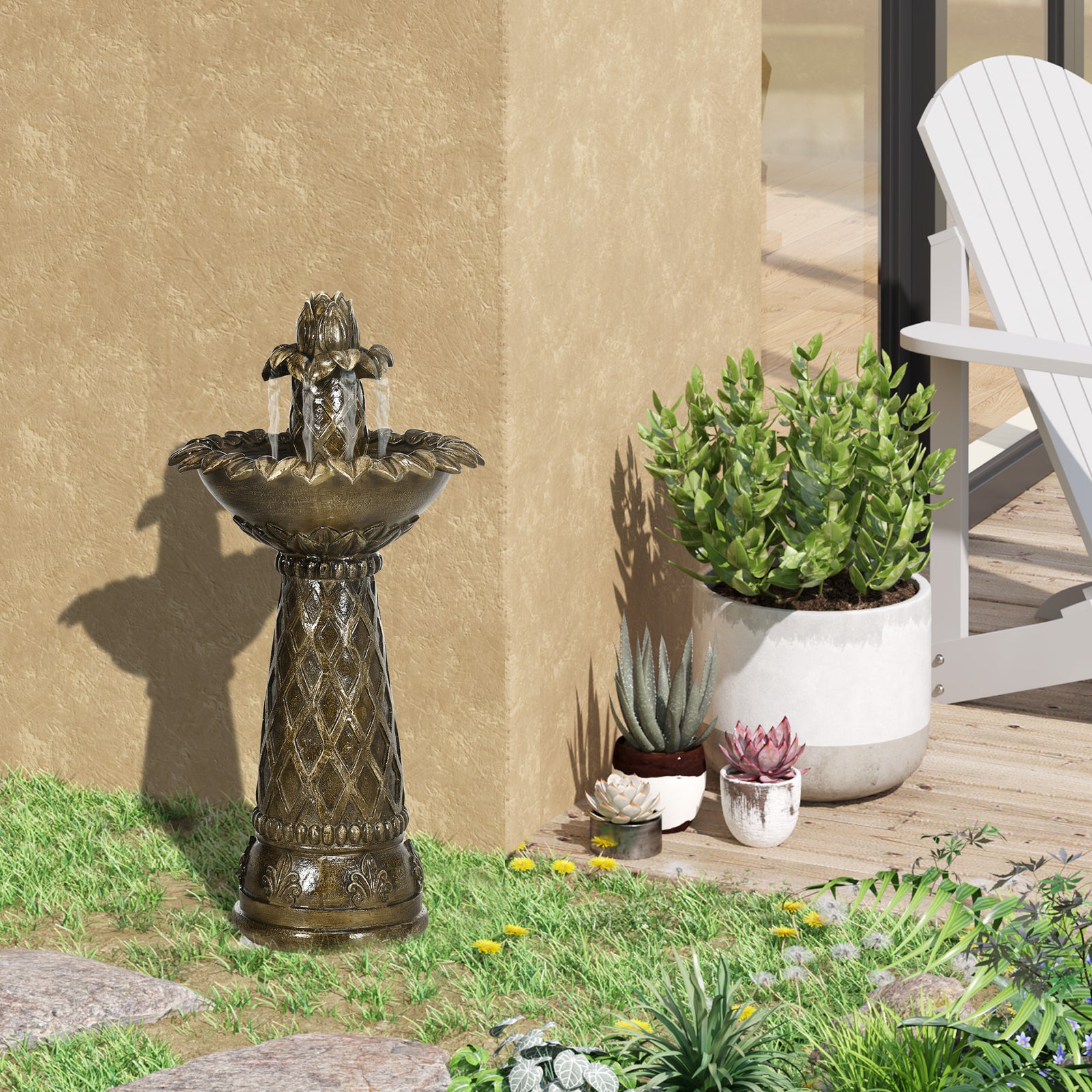 2-tier Outdoor Waterfall Fountain With Electric Pump, Brown