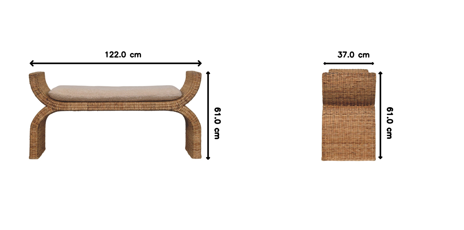 Artisan Furniture Solid Wood Rattan Weave Boucle Bench, Upholstered