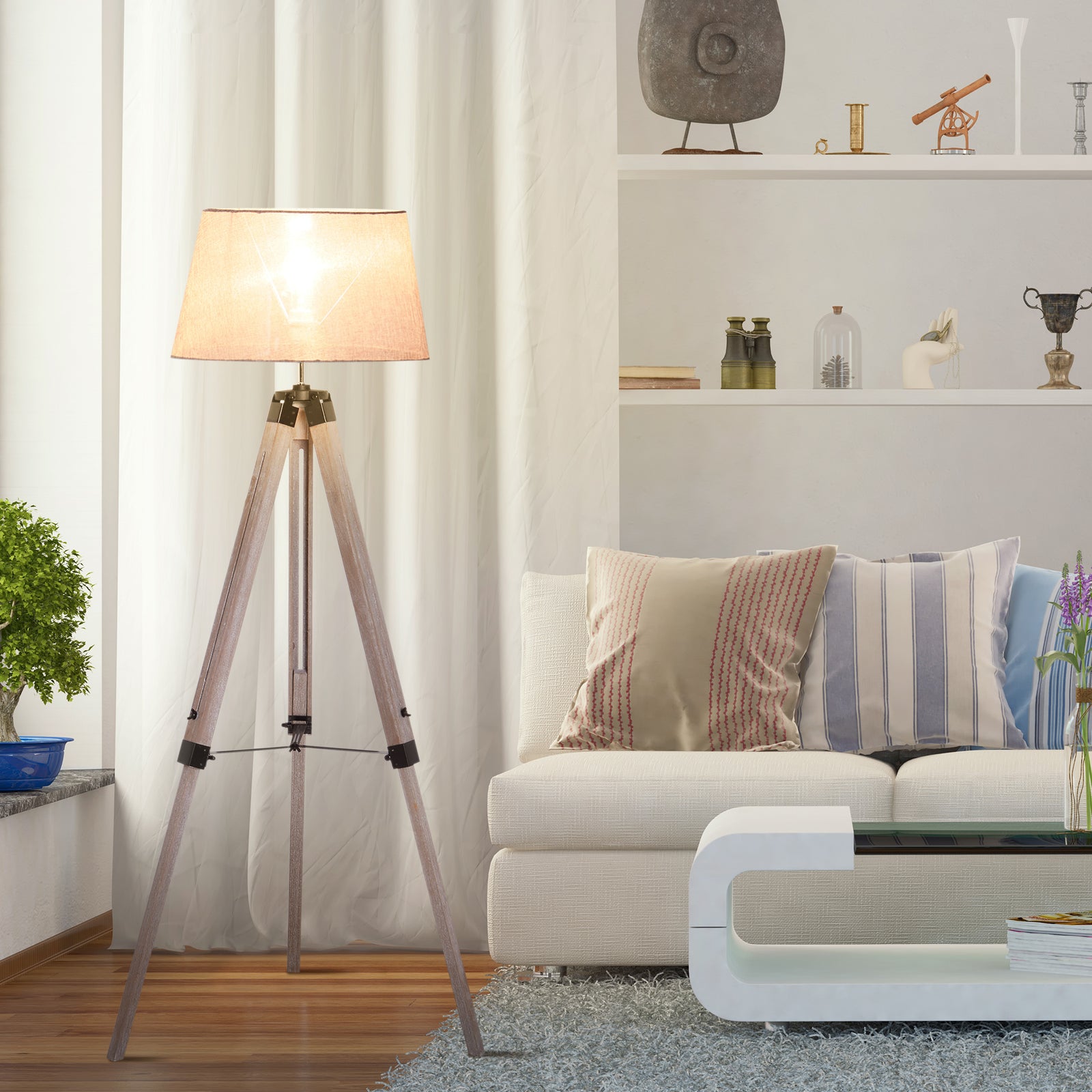 Tripod Floor Lamp Freestanding Bedside Light Fabric Shade