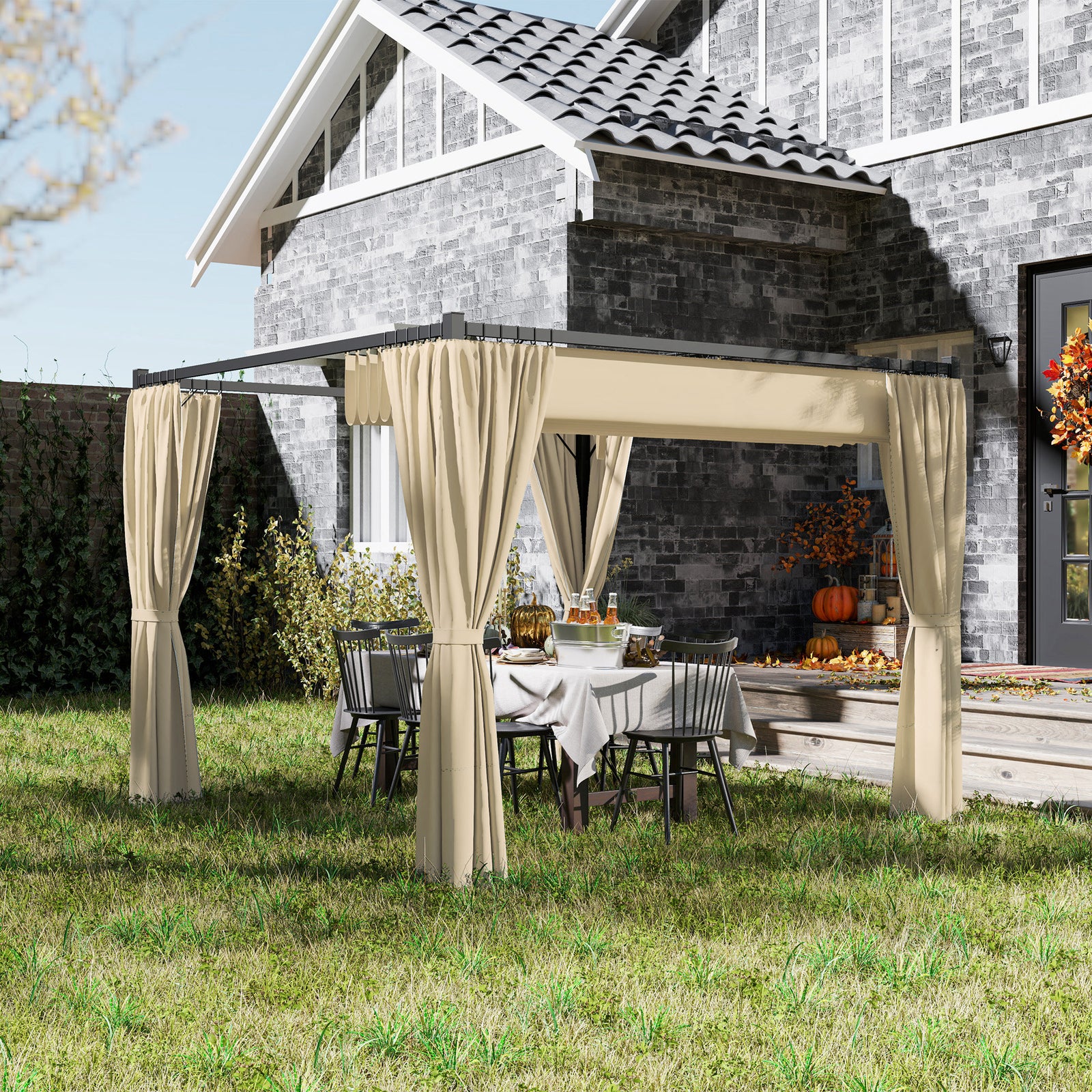 3 X 3(m) Pergola With Retractable Roof And Curtains | Khaki