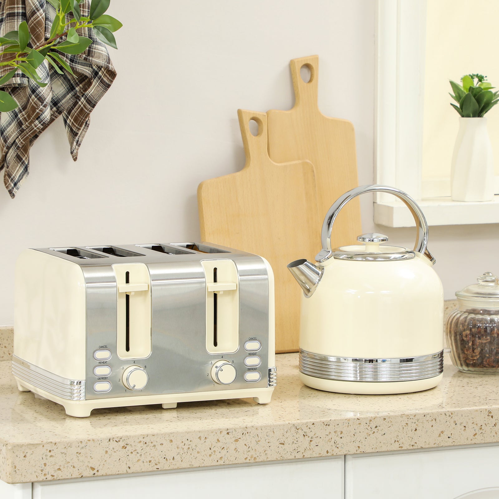 1.7l 3000w Fast Boil Electric Kettle And 4 Slice Toaster Set | Cream
