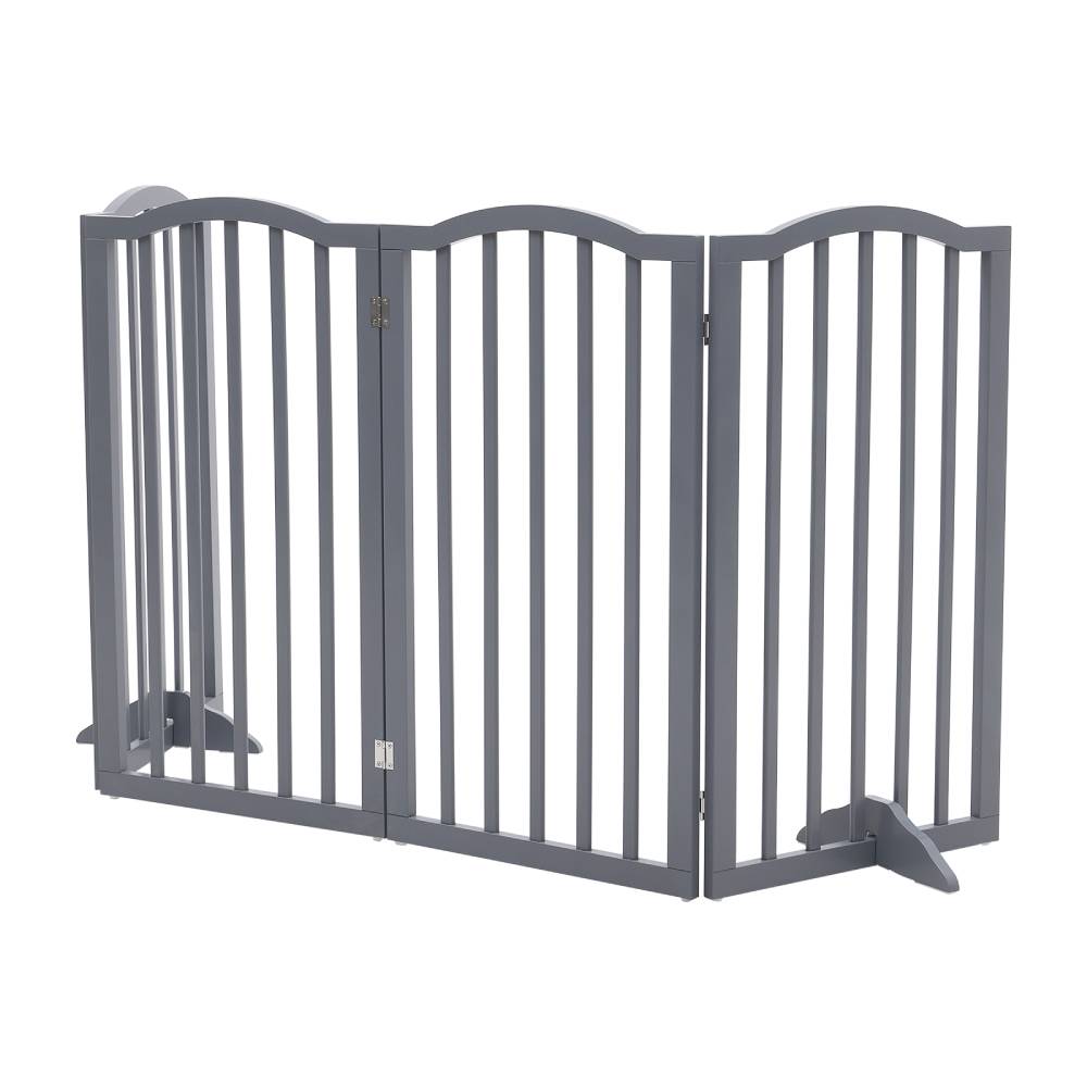 Foldable Freestanding 3/4-panel Arched Pet Gate, Indoor Safety Barrier For Doorways, Halls & Staircases | Large | Grey