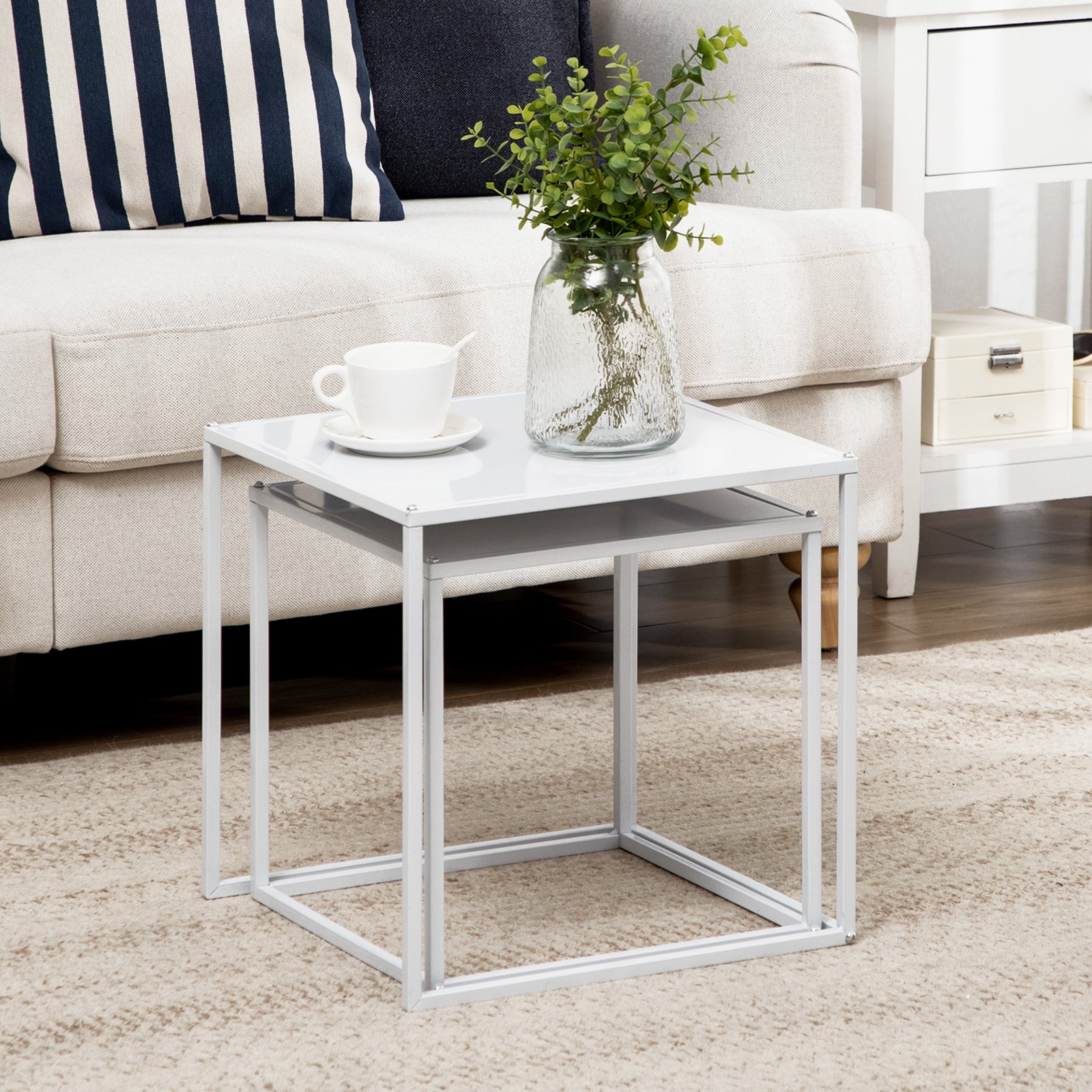 HOMCOM Nesting Coffee Table Set Of 2, Nest Of Tables With Steel Frame, White