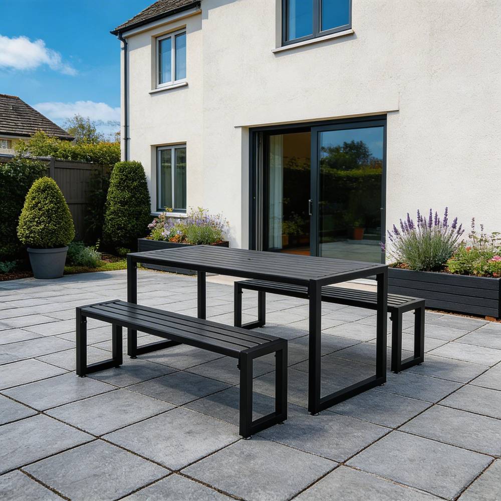 3-Piece Outdoor Patio Furniture Set with 2 Benches, WPC Top & Metal Frame Garden Patio Furniture Set with Parasol Hole