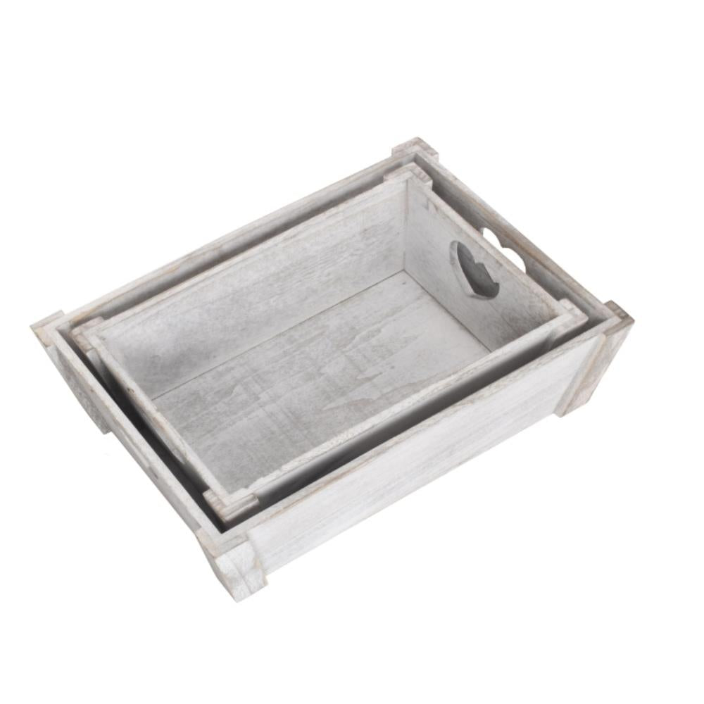 Vintage Heart Cut Handle Wooden Tray | Set-of-2 | Gray