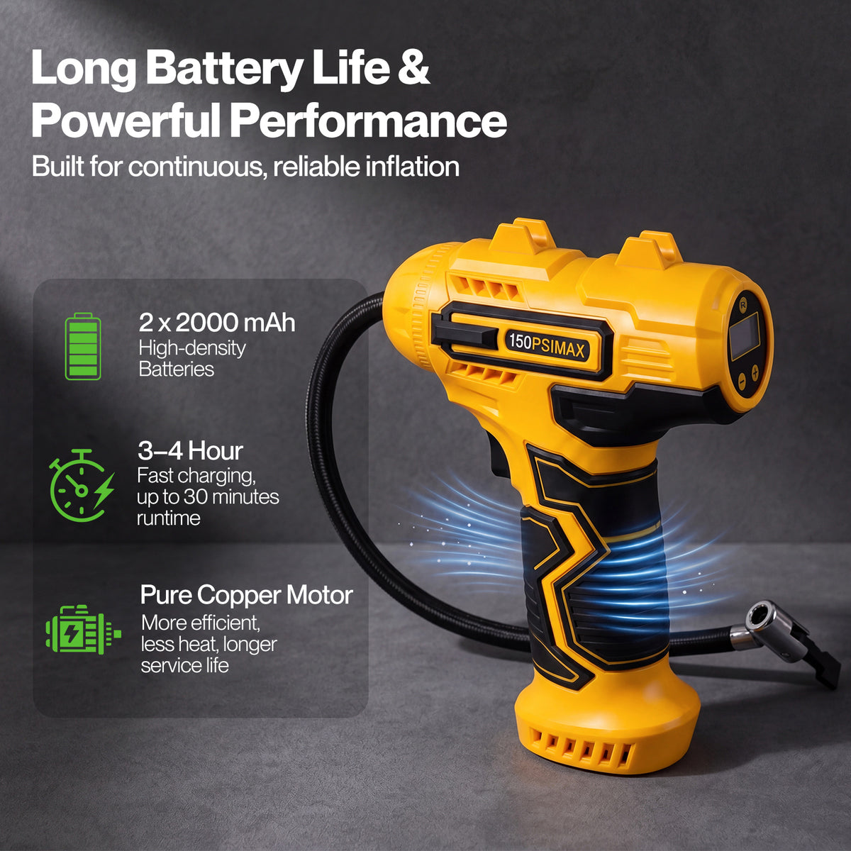 Car Tyre Inflator Cordless Air Compressor 150psi Portable Tyre Pump | Yellow