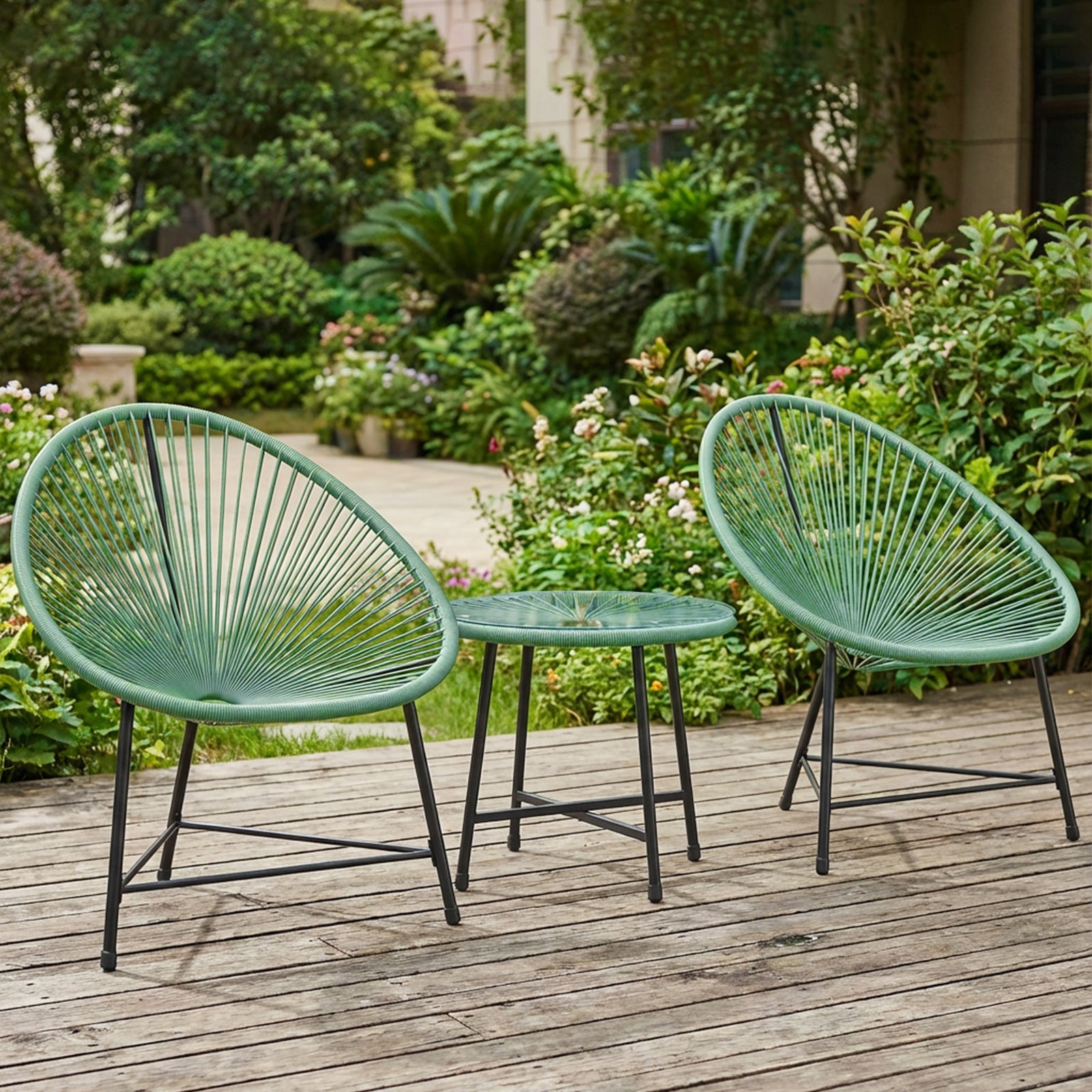 Rattan Bistro Set With Acapulco Chairs And Glass Table | Green