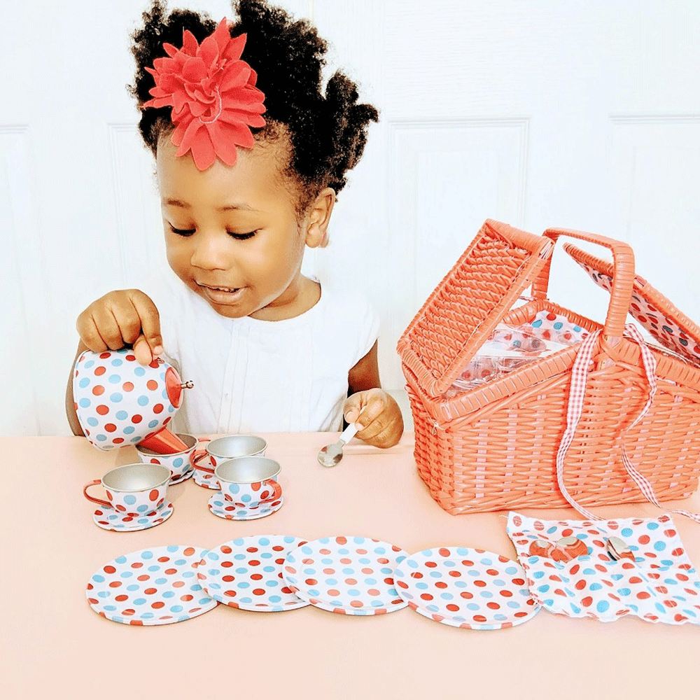 Red Wicker Basket And Tea Set, Pretend Play, Role Play Toys