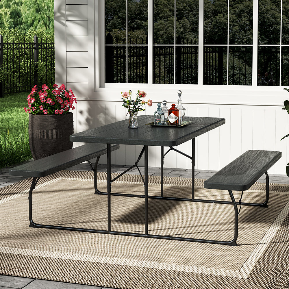 Foldable Picnic Table And Bench Set With Parasol Hole | One Size | Black