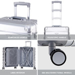 56x45x25cm Large Cabin Carry On Case - Overhead Luggage Suitcase - 4 Spinner Wheels - Aluminium Frame/abs Shell Outer | Cabin | Silver
