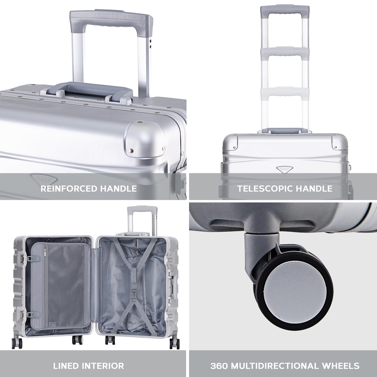 56x45x25cm Large Cabin Carry On Case - Overhead Luggage Suitcase - 4 Spinner Wheels - Aluminium Frame/abs Shell Outer | Cabin | Silver