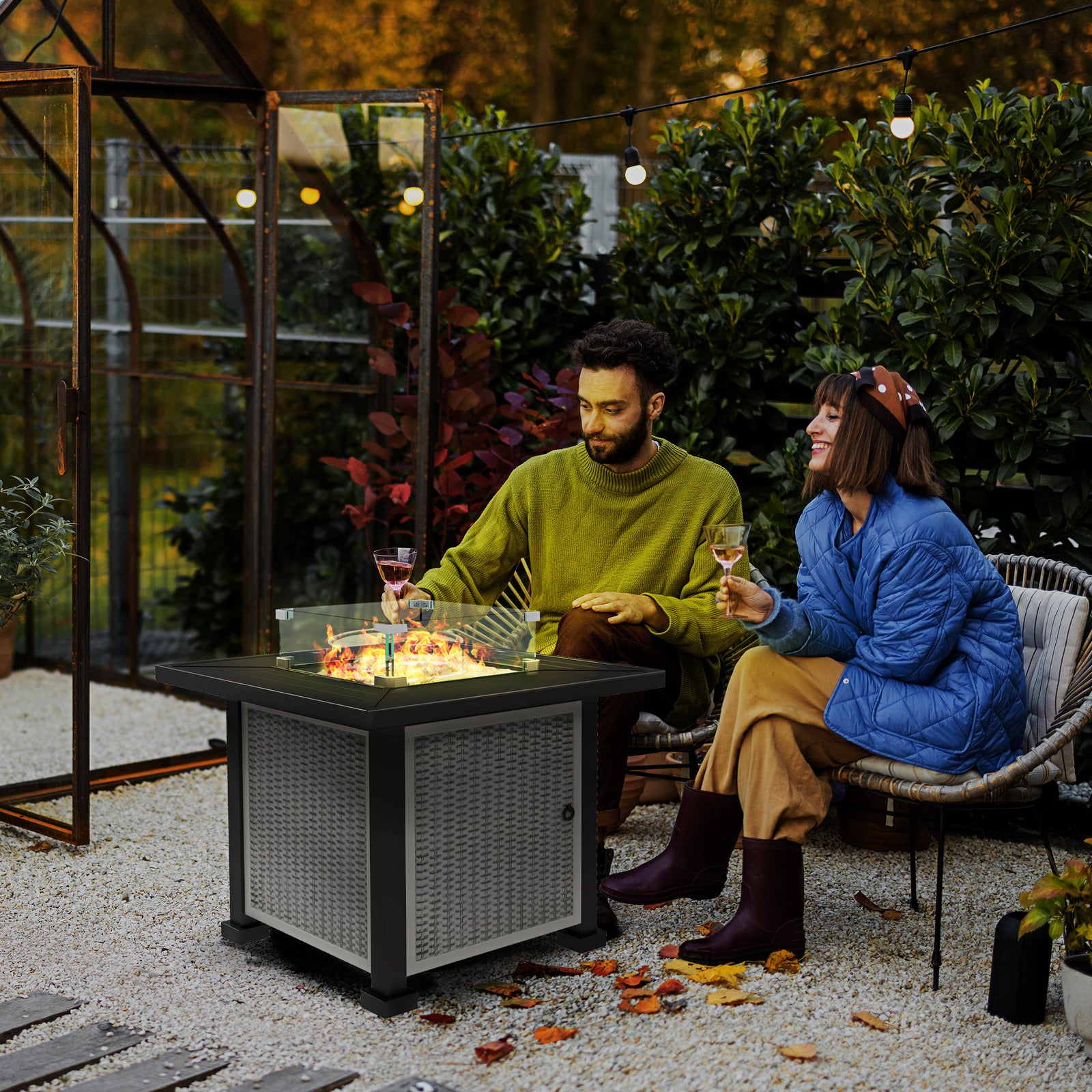 Square Propane Fire Pit Table 50,000 Btu W/ Glass
