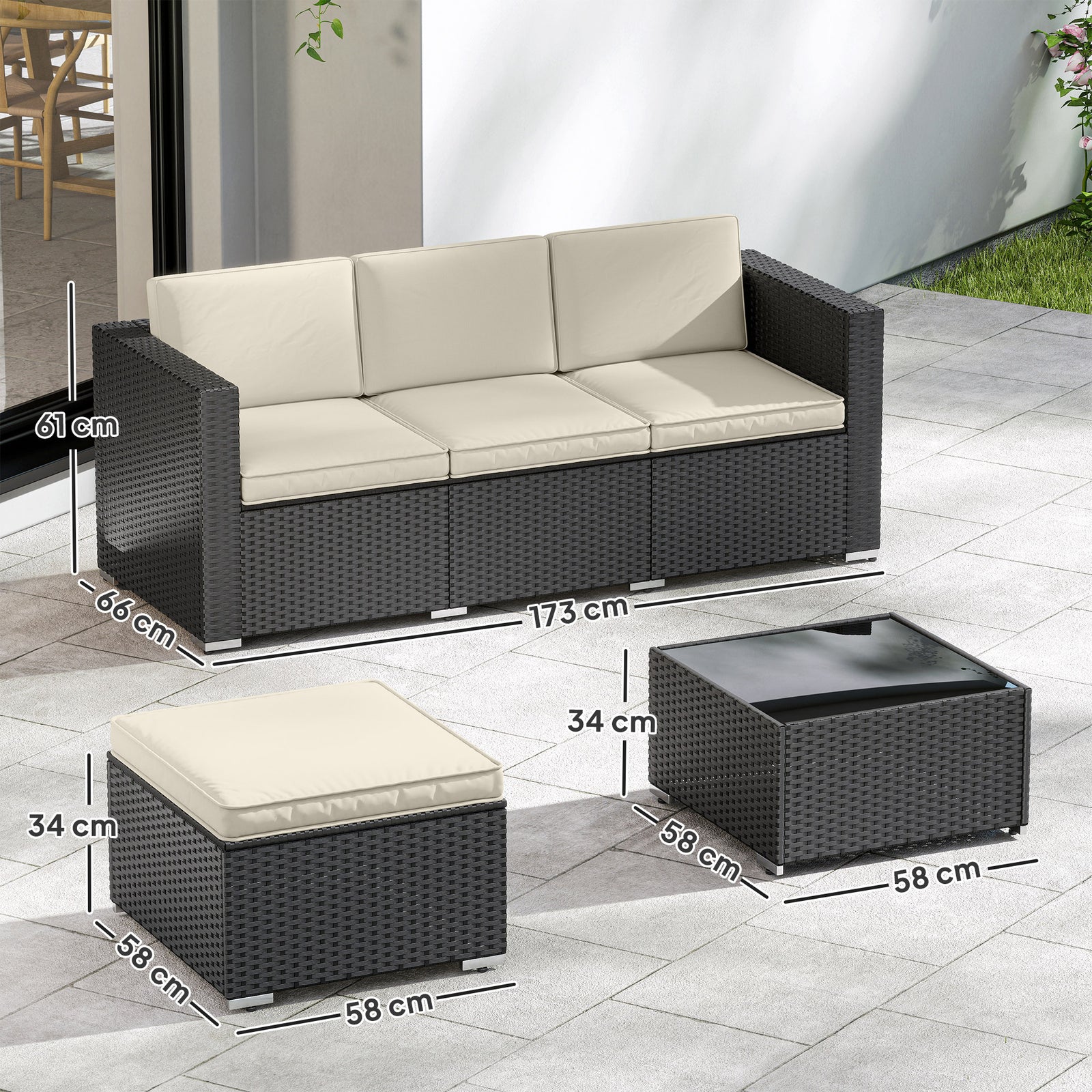 Garden Furniture Set W/ Padded Cushions Corner Sofa Set | Black