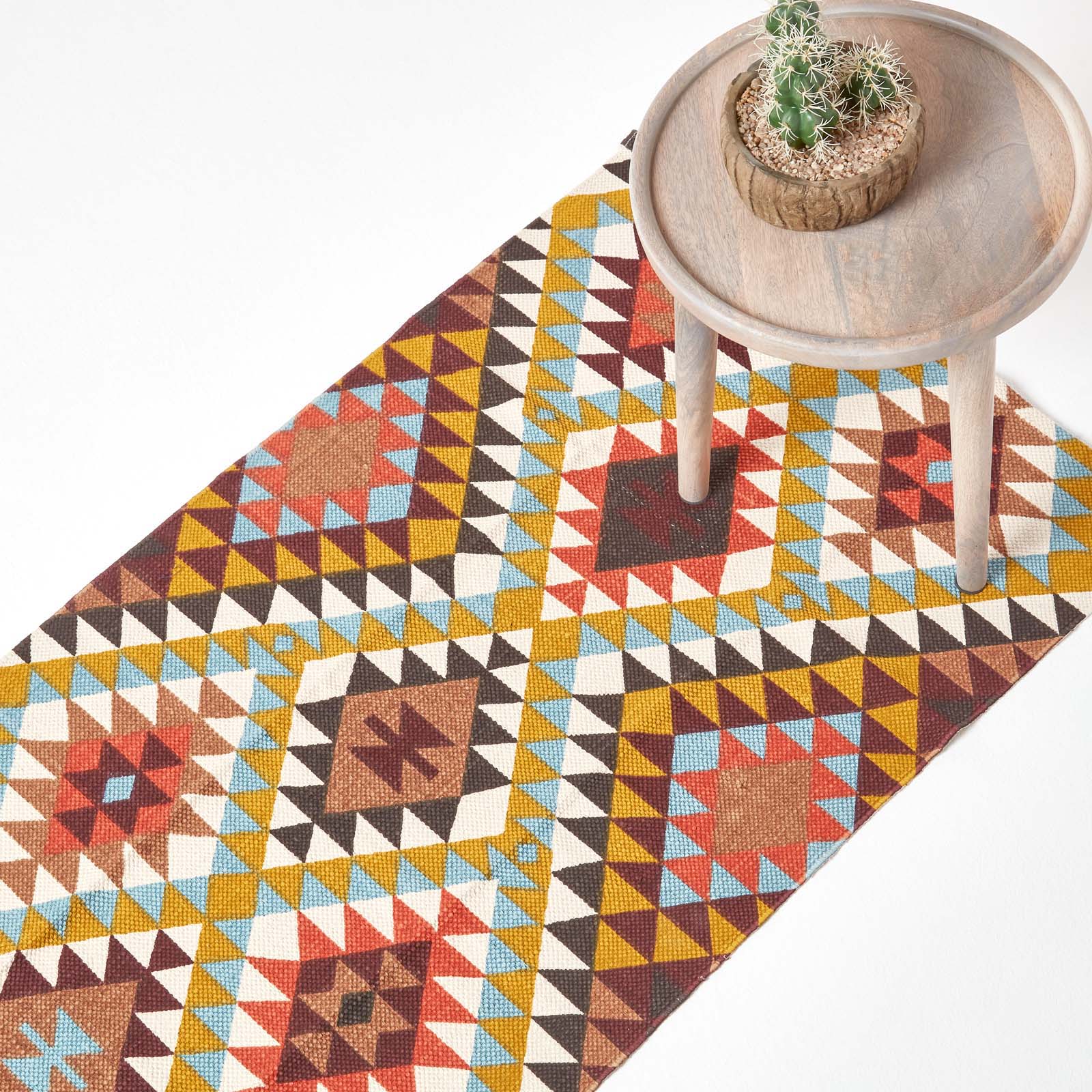Oslo Orange, Brown And Yellow Multi Coloured 100% Cotton Diamond Pattern Rug | 200cm | Black & Brown