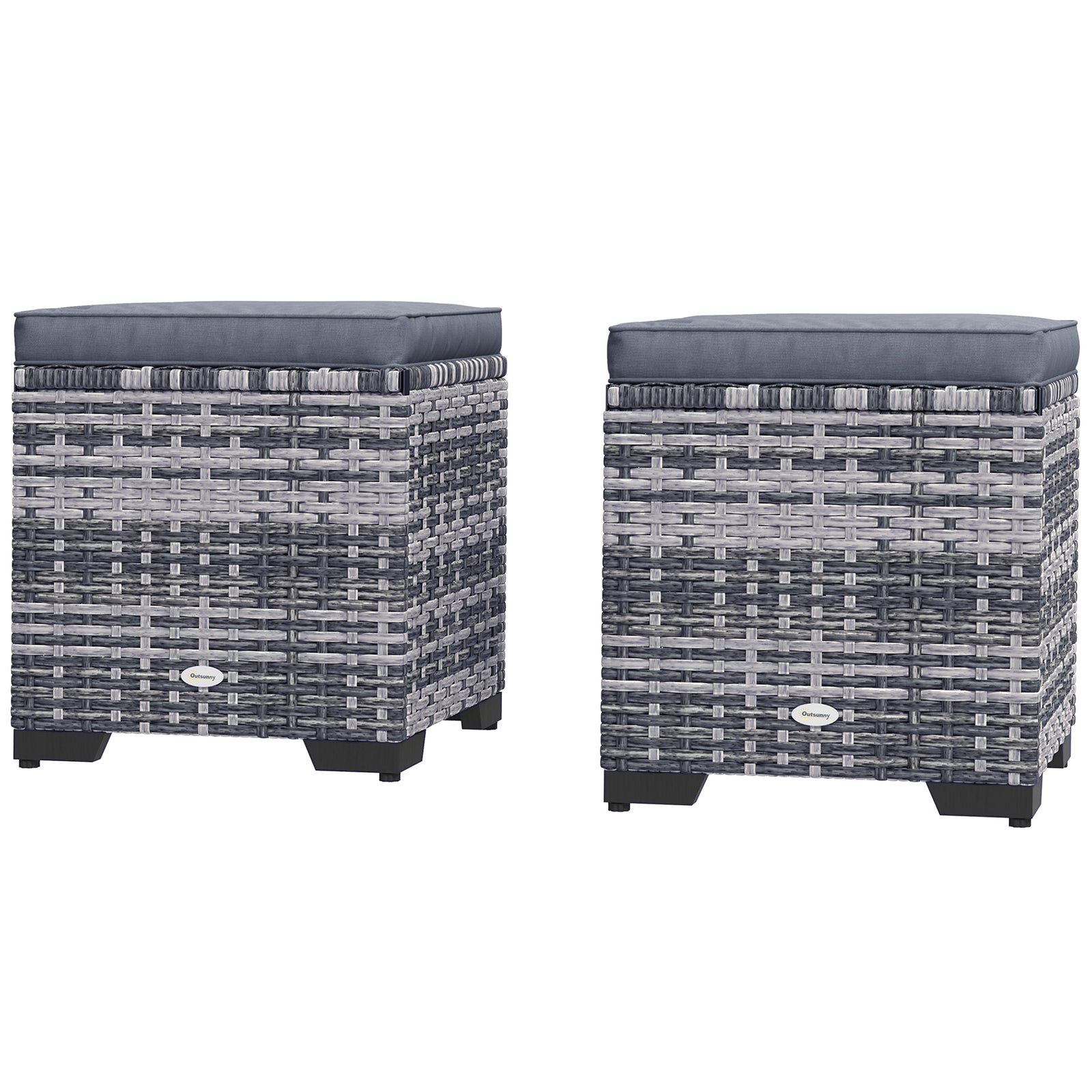 Set Of 2 Rattan Footstool, Storage Ottoman W/ Cushions | Dark Gray