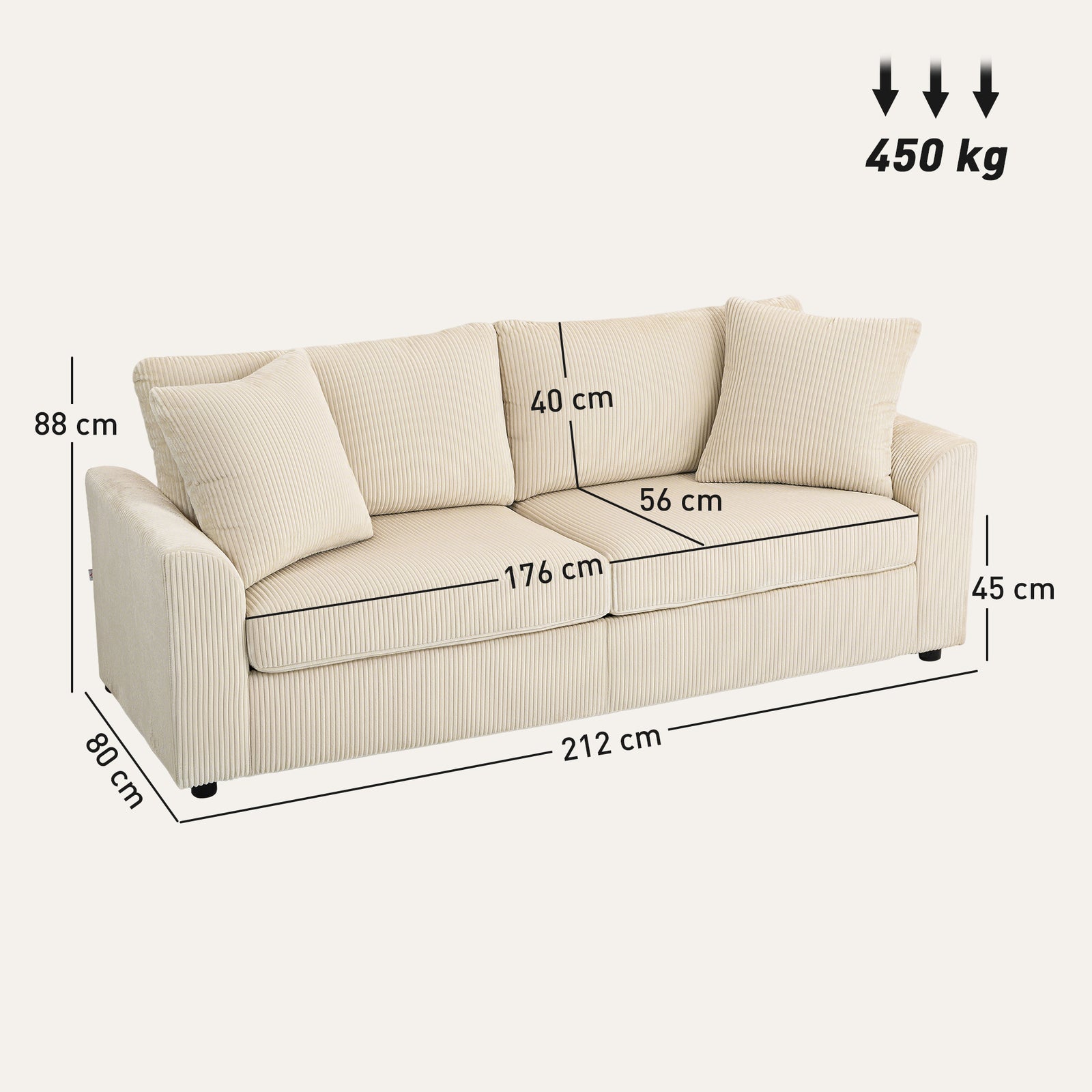 212 Cm Upholstered Jumbo Cord Sofa Couch With Spring Cushion | White