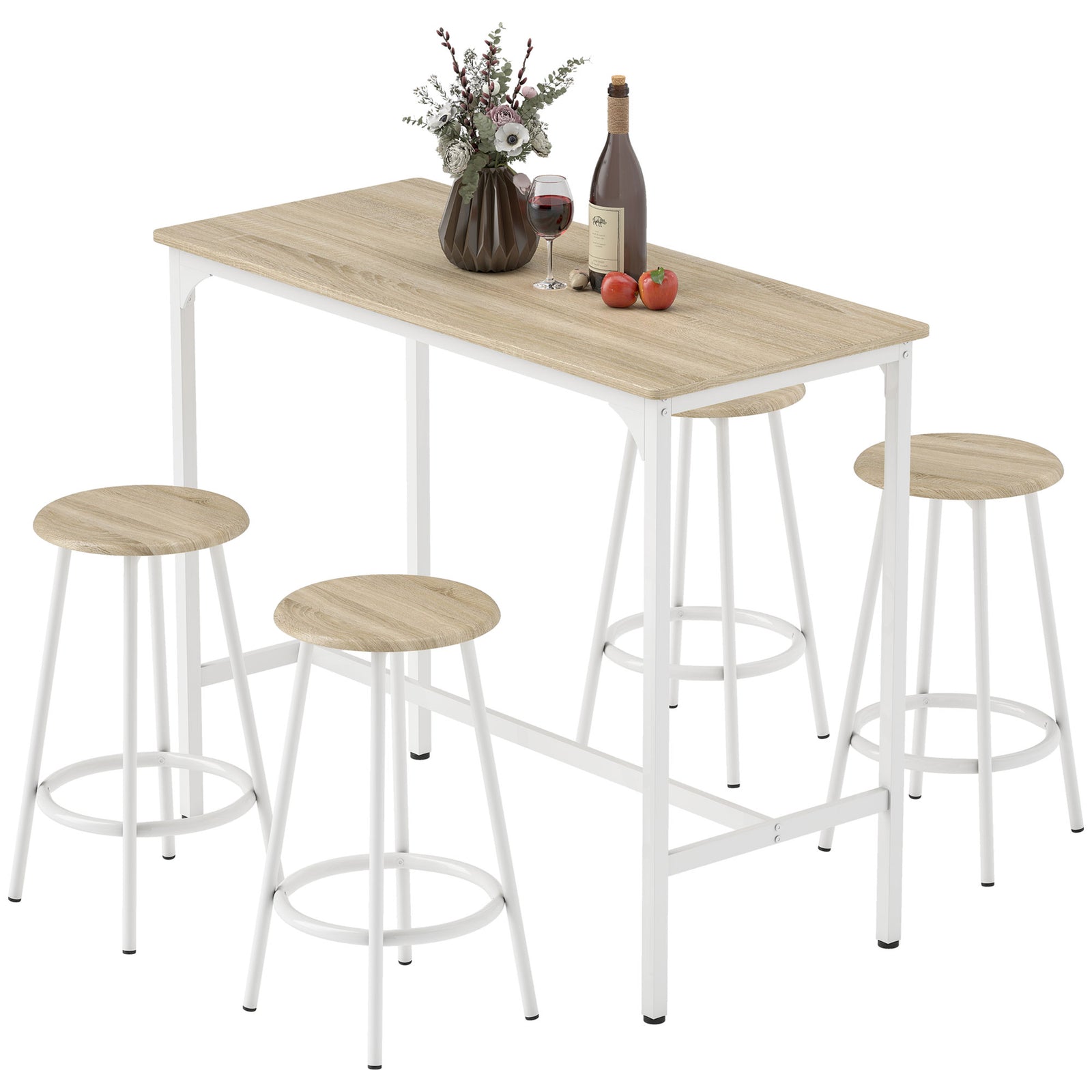HOMCOM 5 Piece Bar Table And Stools Set With Metal Frame Natural Wood