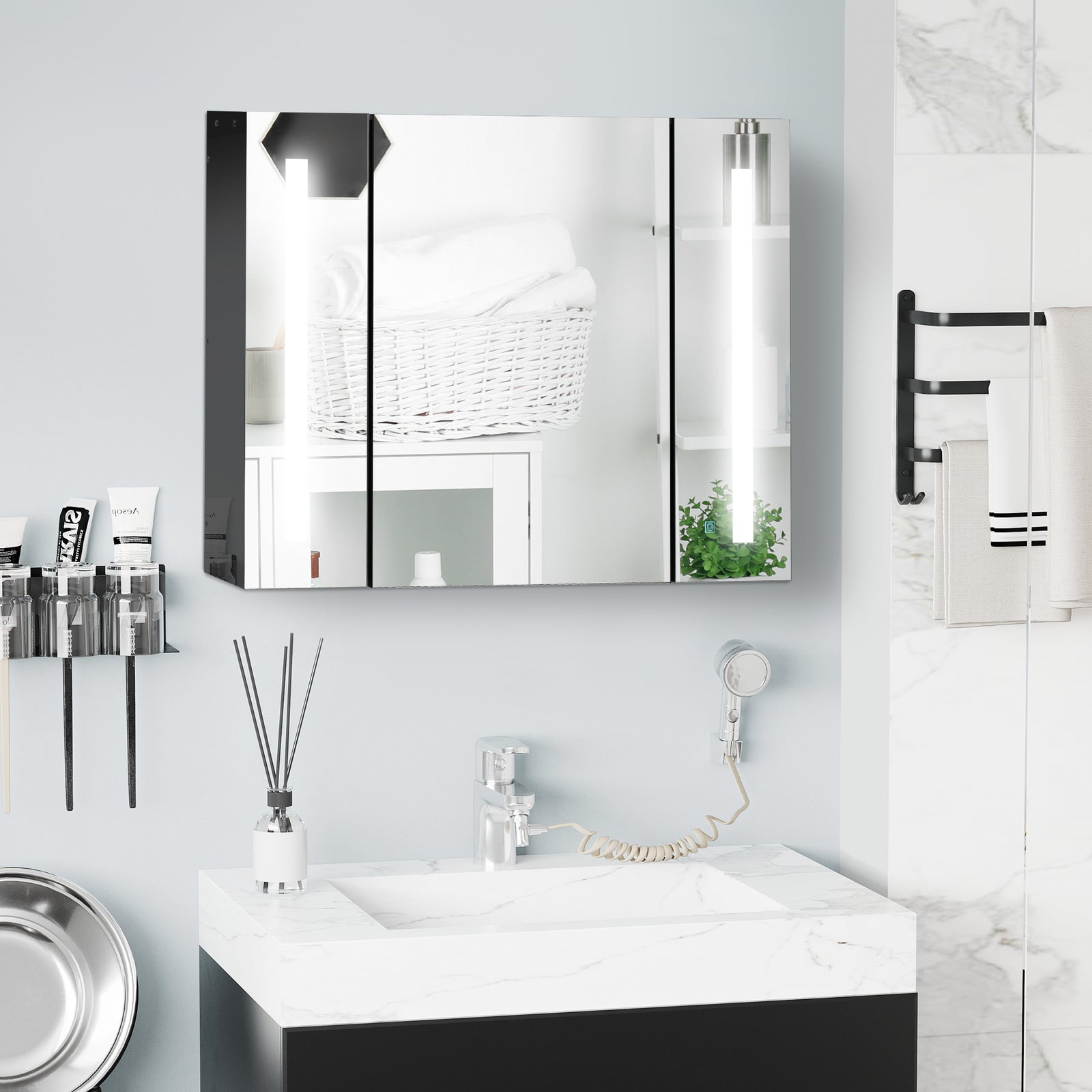 Led Bathroom Mirror Cabinet With Shelves High Gloss Black