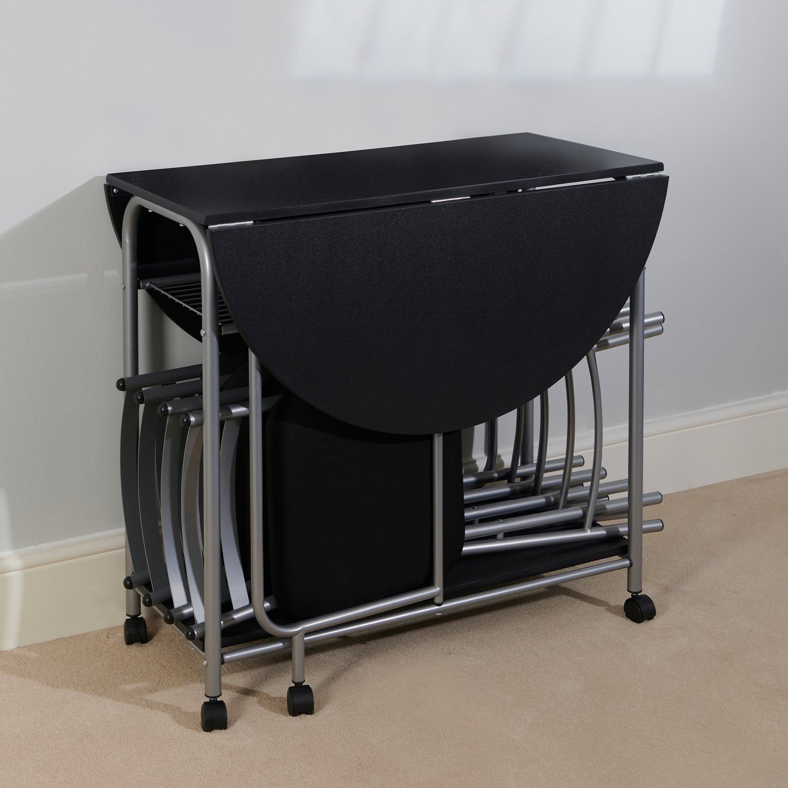 Stowaway Dining Set 4 Folding Chairs Black And Silver Compact Design