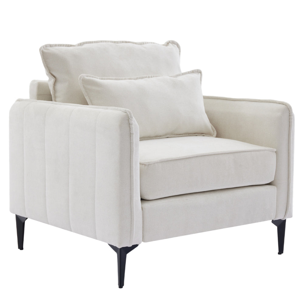 Modern Linen Upholstered Armchair – Off-white Single Sofa With Cushions & Sturdy Legs