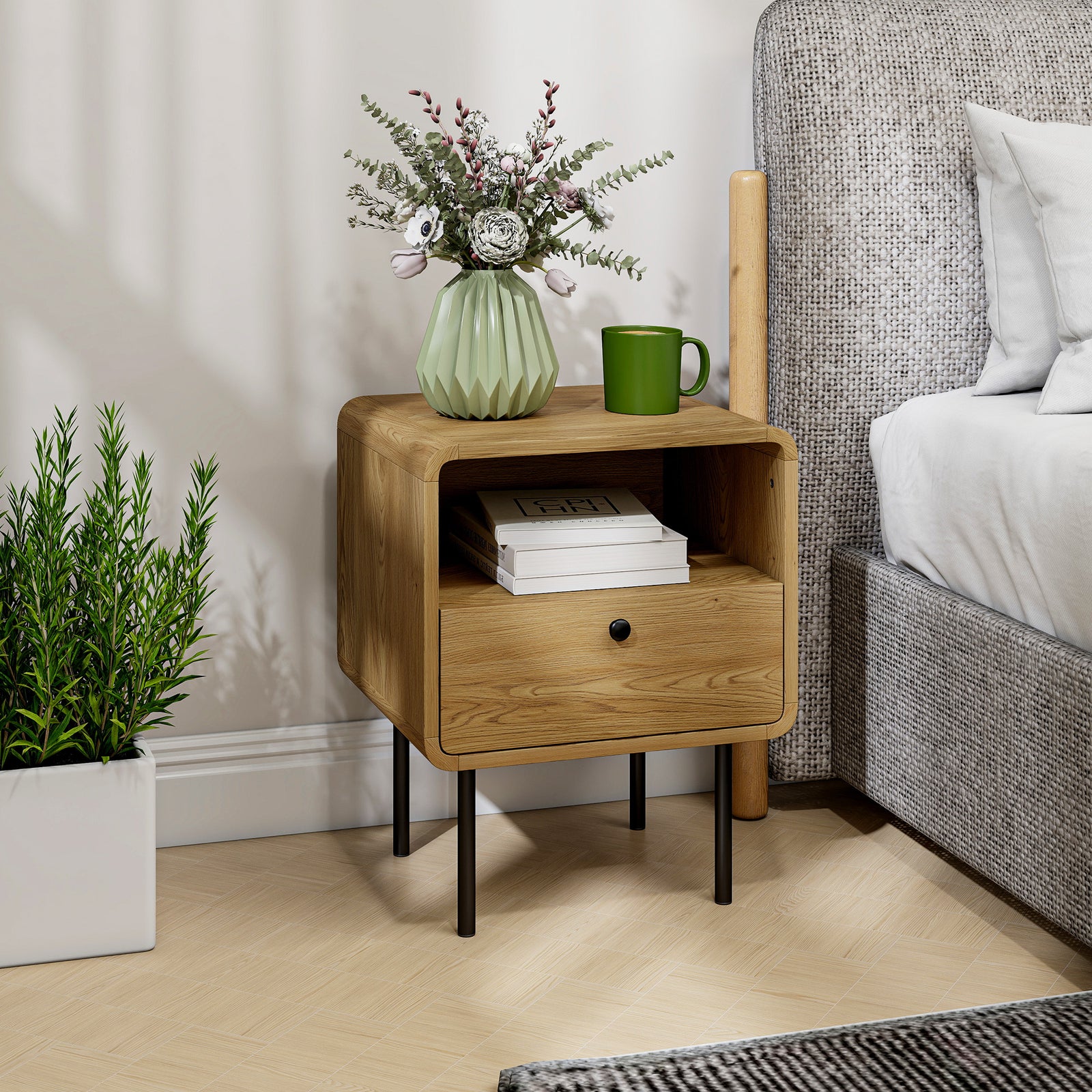 Bedside Table With Drawer And Shelf, Modern Bedside Cabinet, Oak
