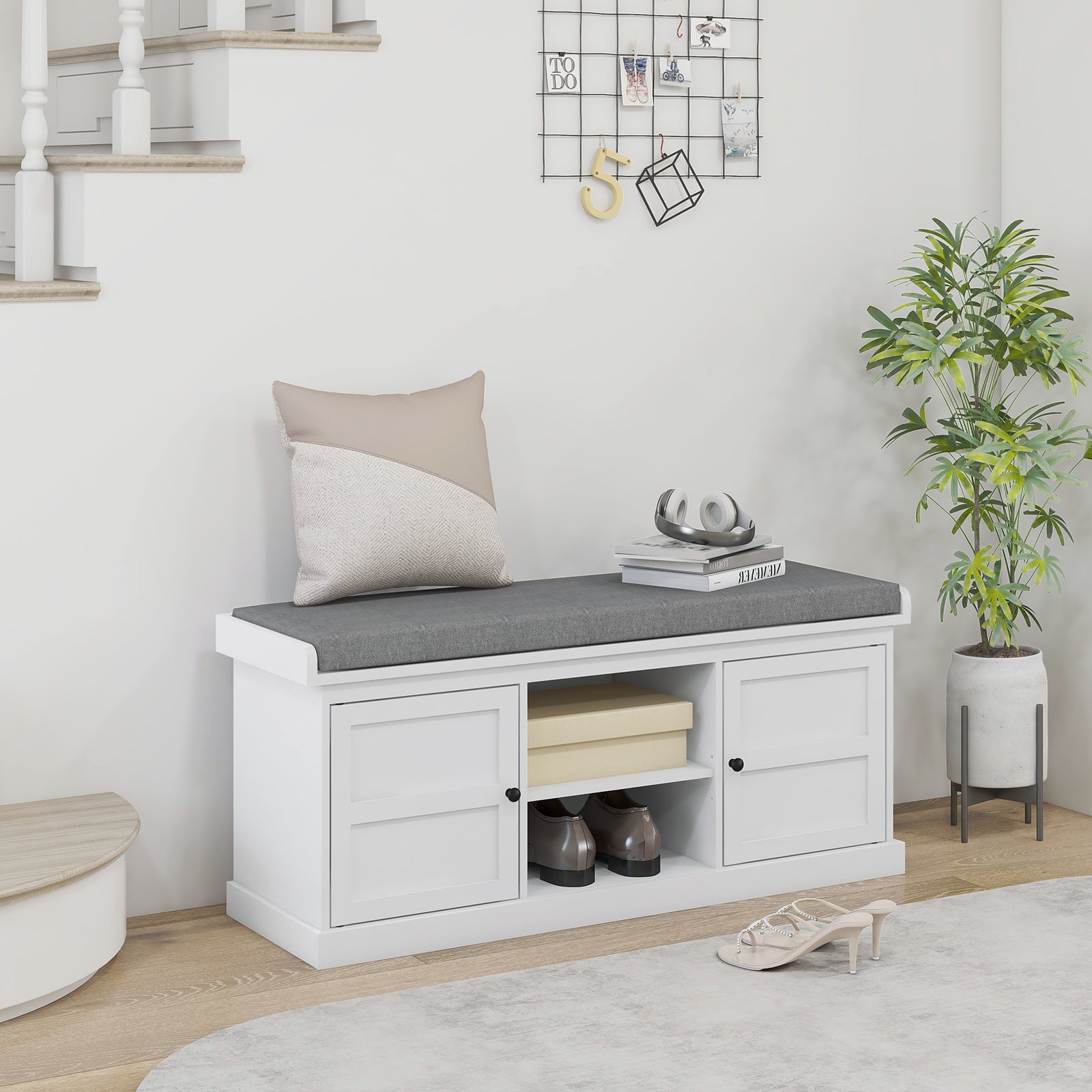 Shoe Storage Bench With Cushion 2 Cabinets For Entryway