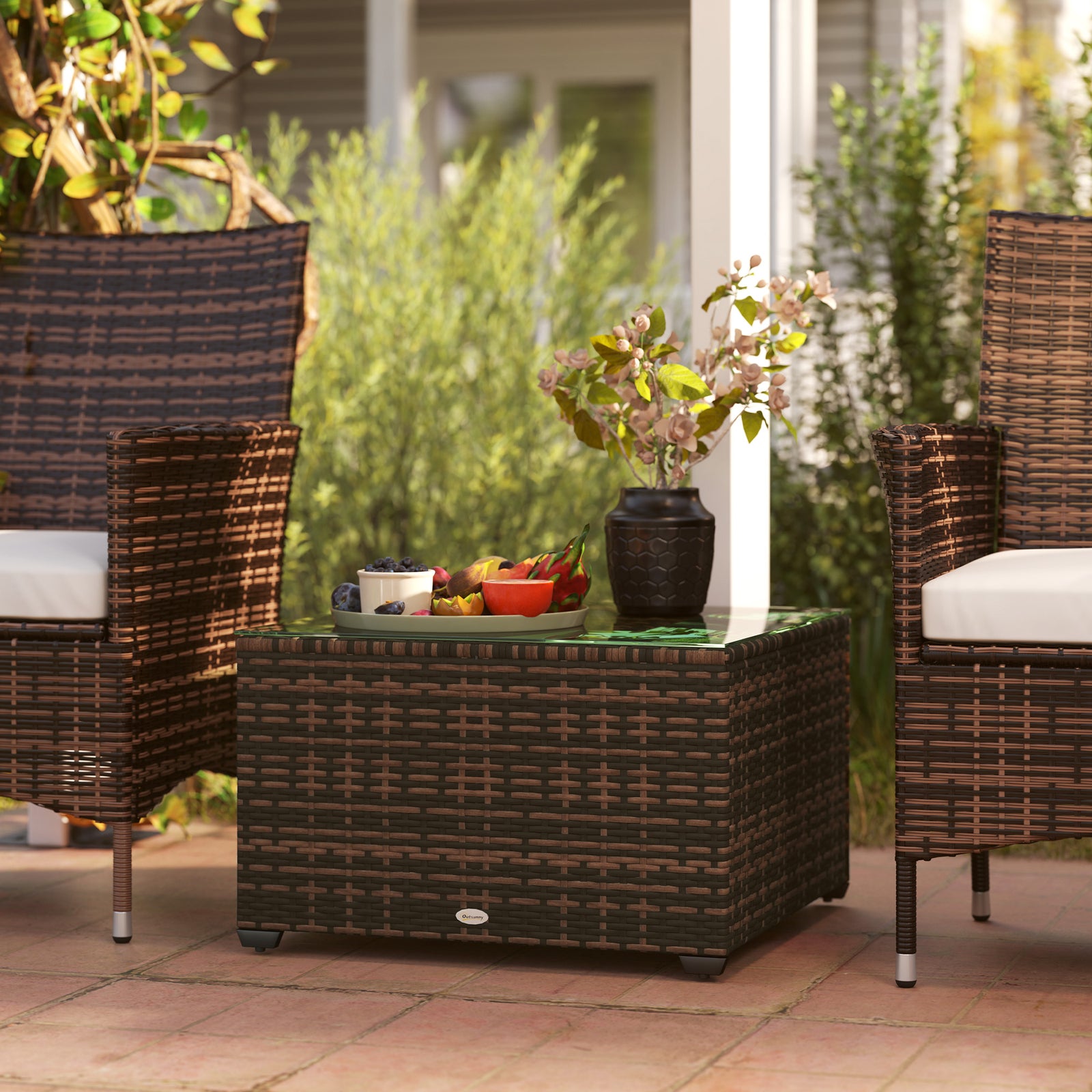 Outdoor Coffee Table W/ Glass Top, Rattan Side Table | Brown