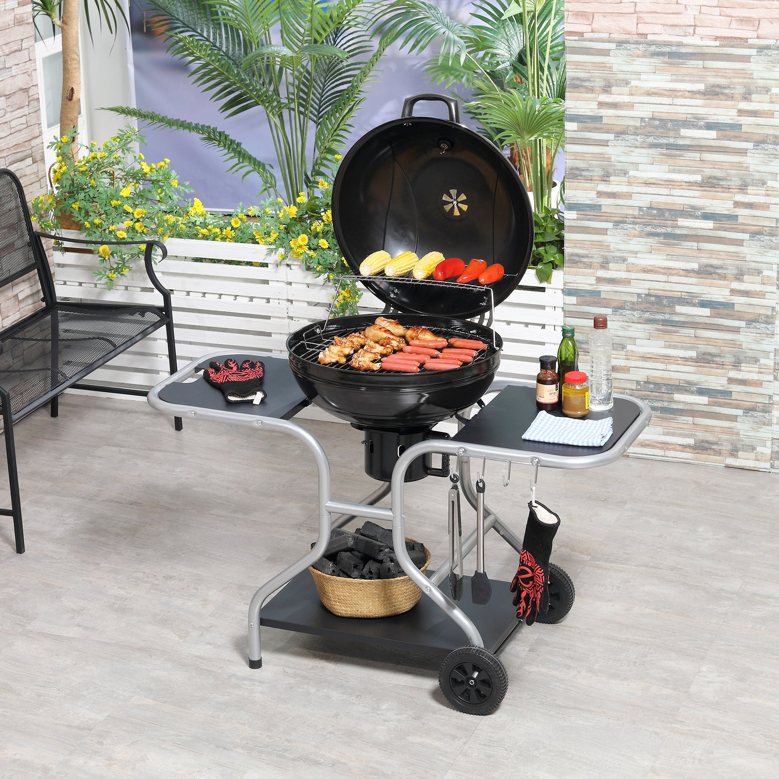 Portable Charcoal Kettle Grill, Two Wheels