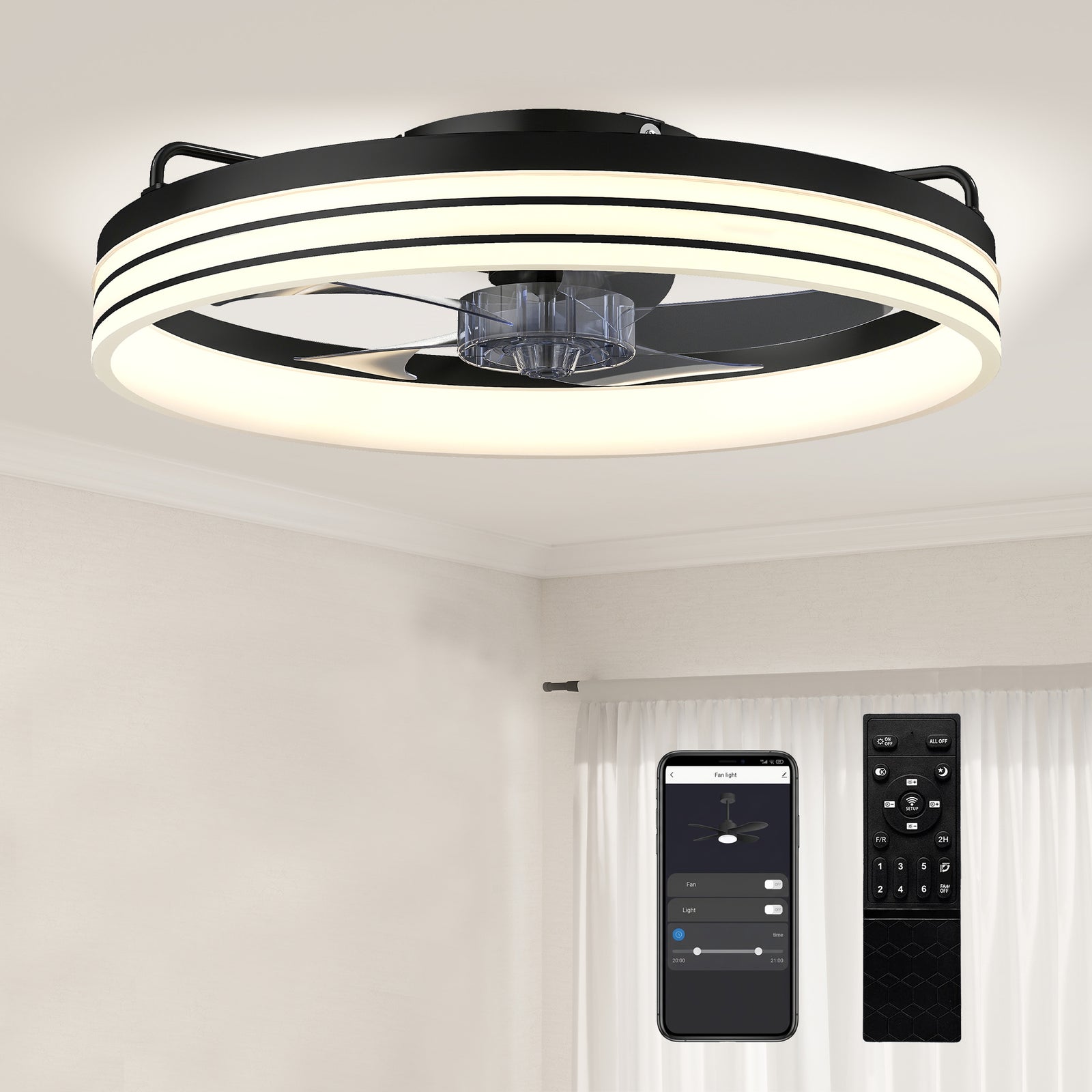 Ceiling Fan With Light And & App Control, 6 Speed, 50 Cm | Black