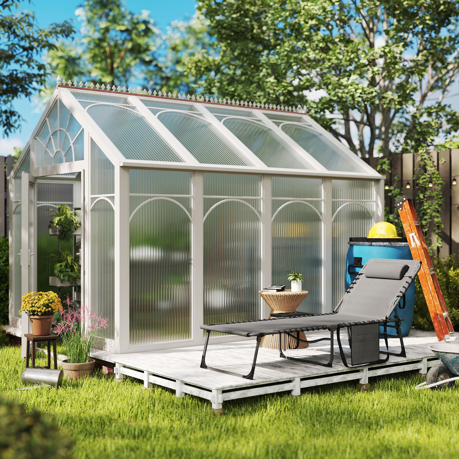 Folding Sun Lounger With 5-level Reclining Back, Side Table
