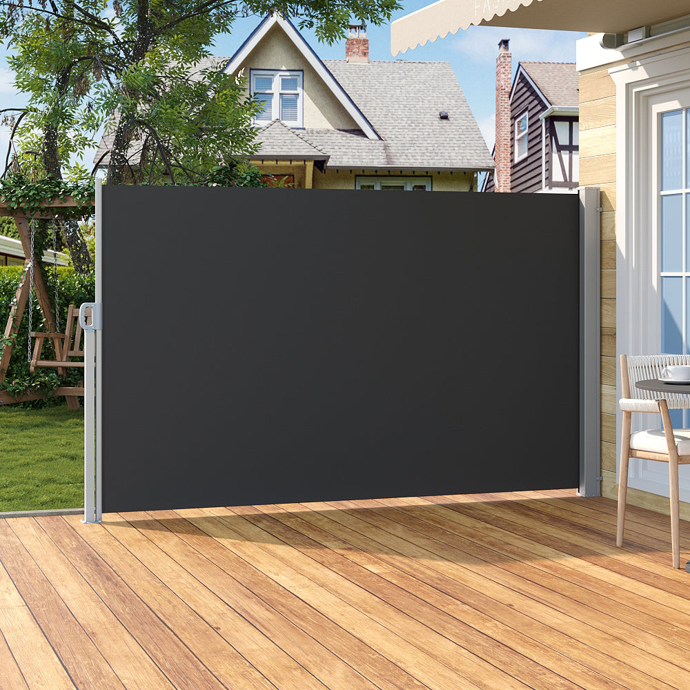 Retractable Side Awning 300cm Patio Privacy Screen Uv & Water Resistant Polyester Garden Balcony Wind Screen (160/180cm H) | Large | Black