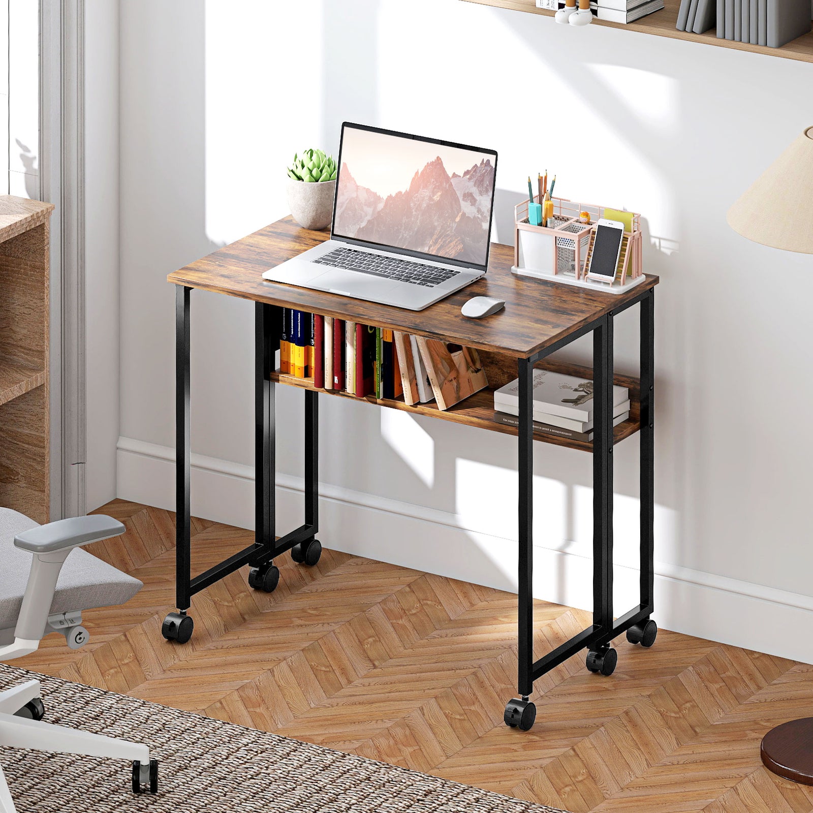80 Cm Foldable Computer Desk On Wheels For Small Spaces | Brown