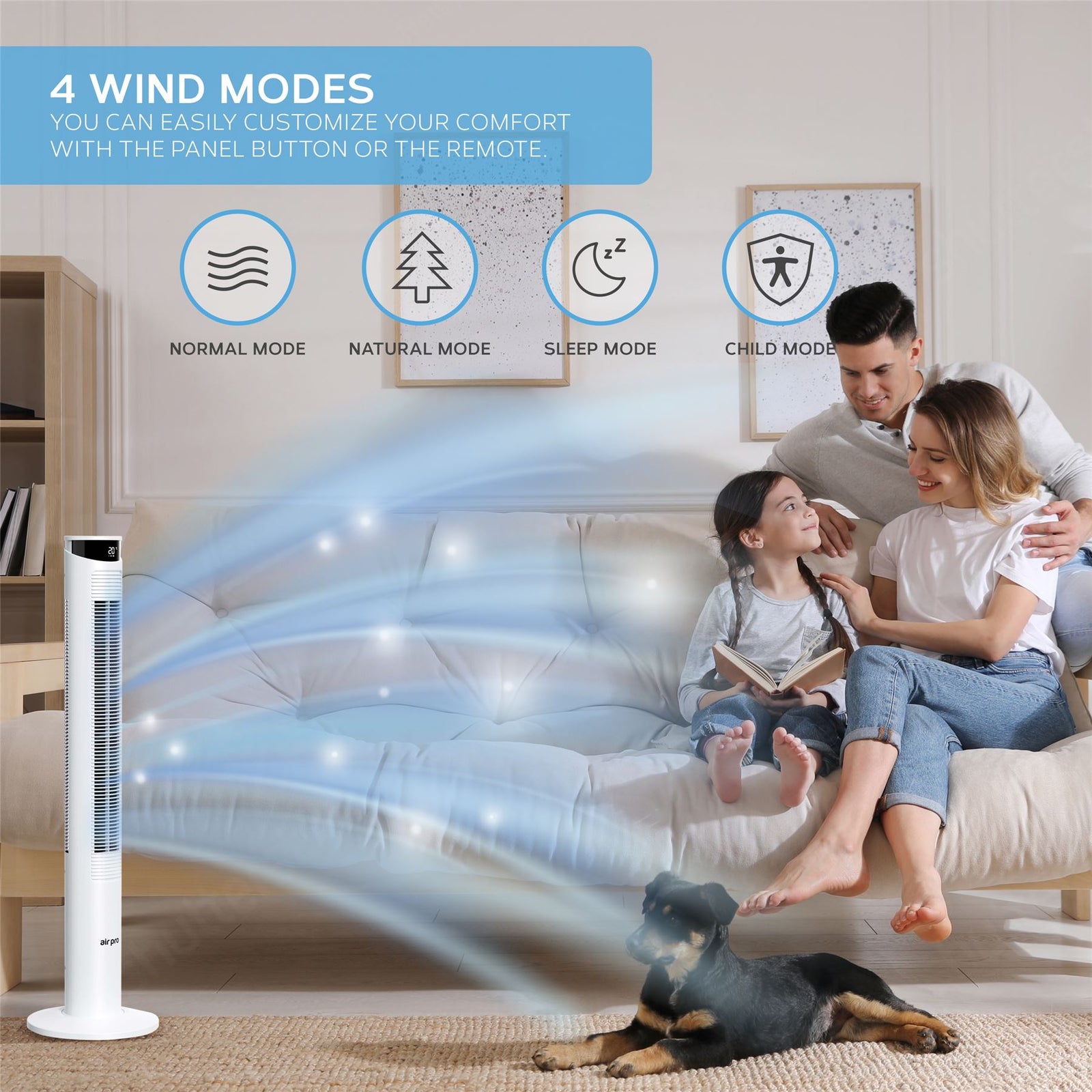 Smart Bladeless 46" Tower Fan 3 Speeds - Remote & Oscillation Feature | White
