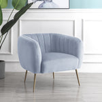Matilda 84cm Wide Ruched Back Velvet Accent Chair With Brass Coloured Steel Legs | Light Steel Blue