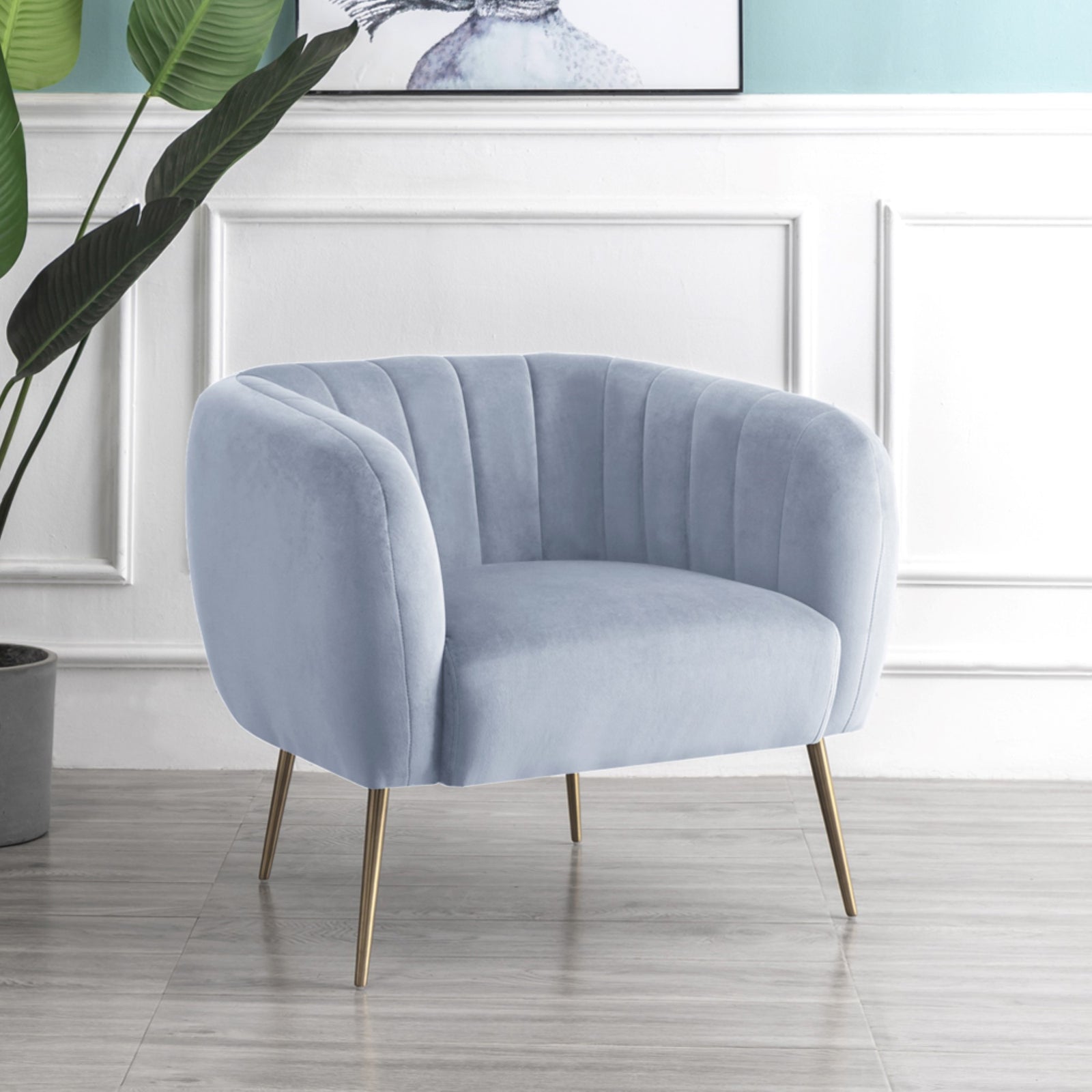 Matilda 84cm Wide Ruched Back Velvet Accent Chair With Brass Coloured Steel Legs | Light Steel Blue