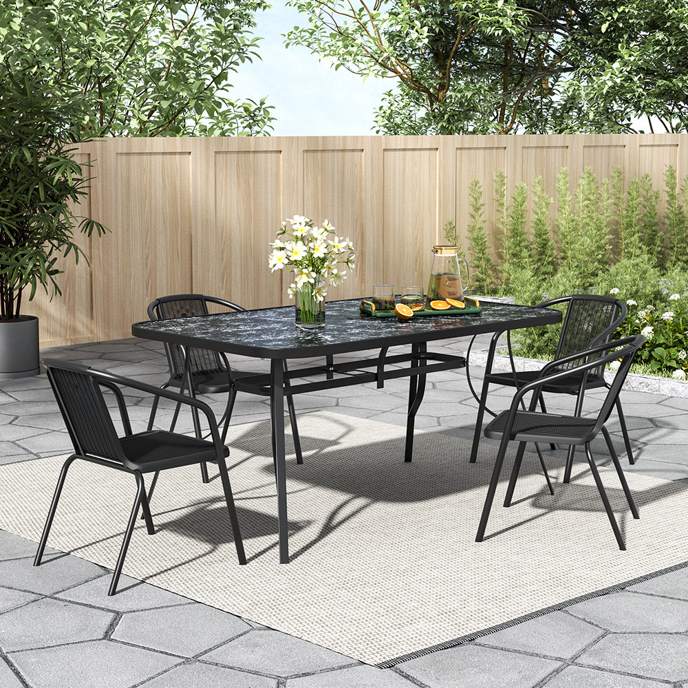 Garden Tempered Glass Rectangle Table With Set Of 4 Pe Rattan Chairs | Large | Black