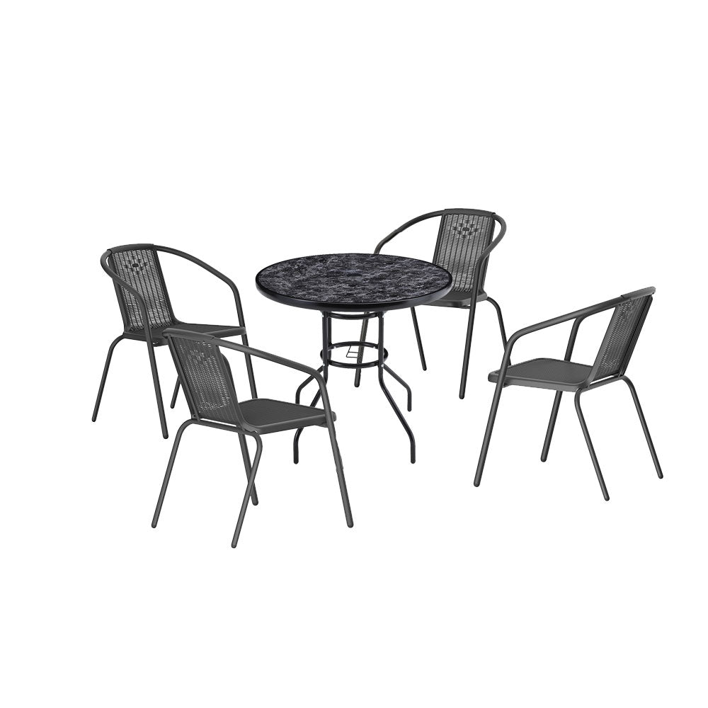 5 Pieces Garden Dining Set Outdoor Marble-printed Tempered Glass Round Table & Pe Wicker Chair Set