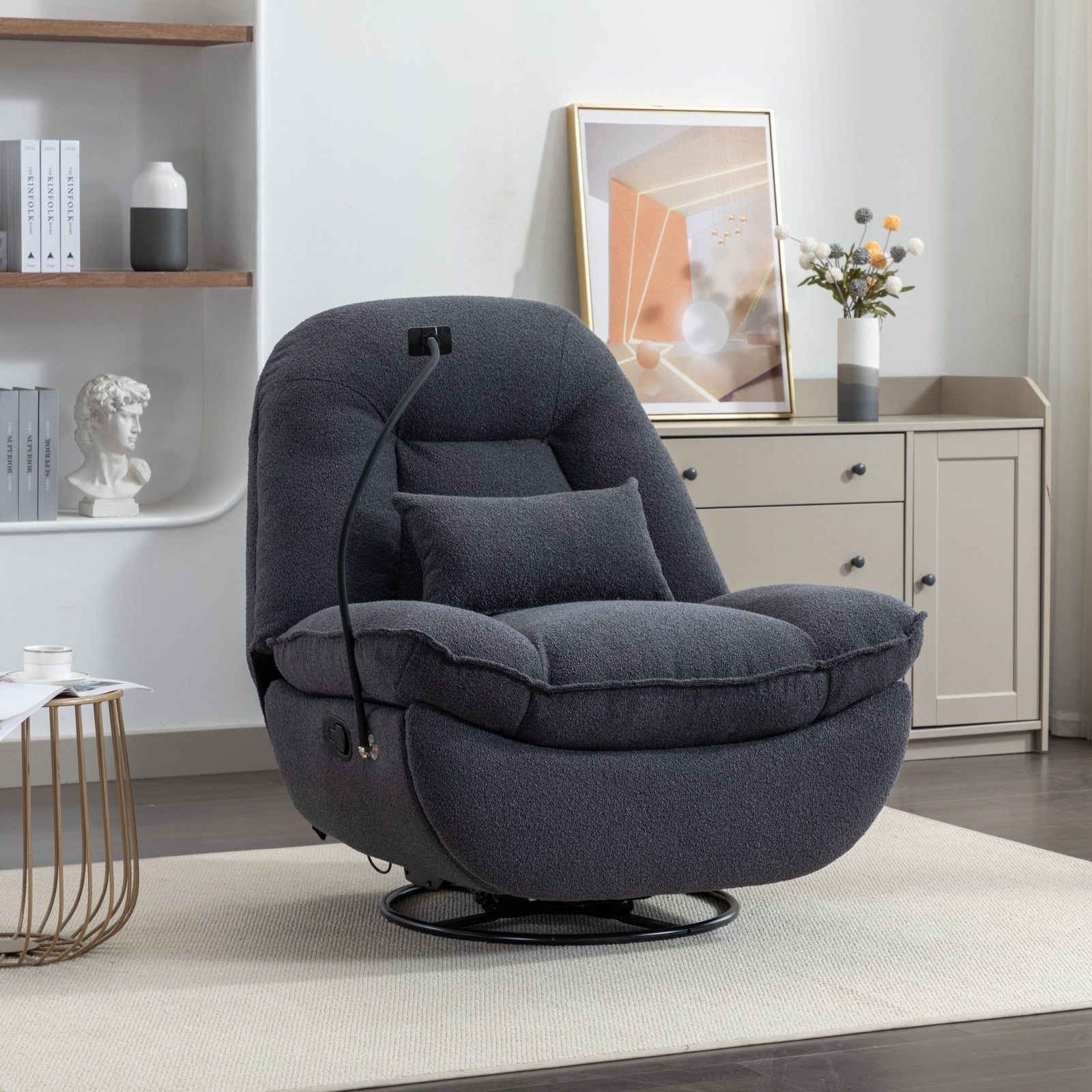 Fallon Boucle Fabric Swivel Based Recliner Chair Phone Holder | Dark Grey
